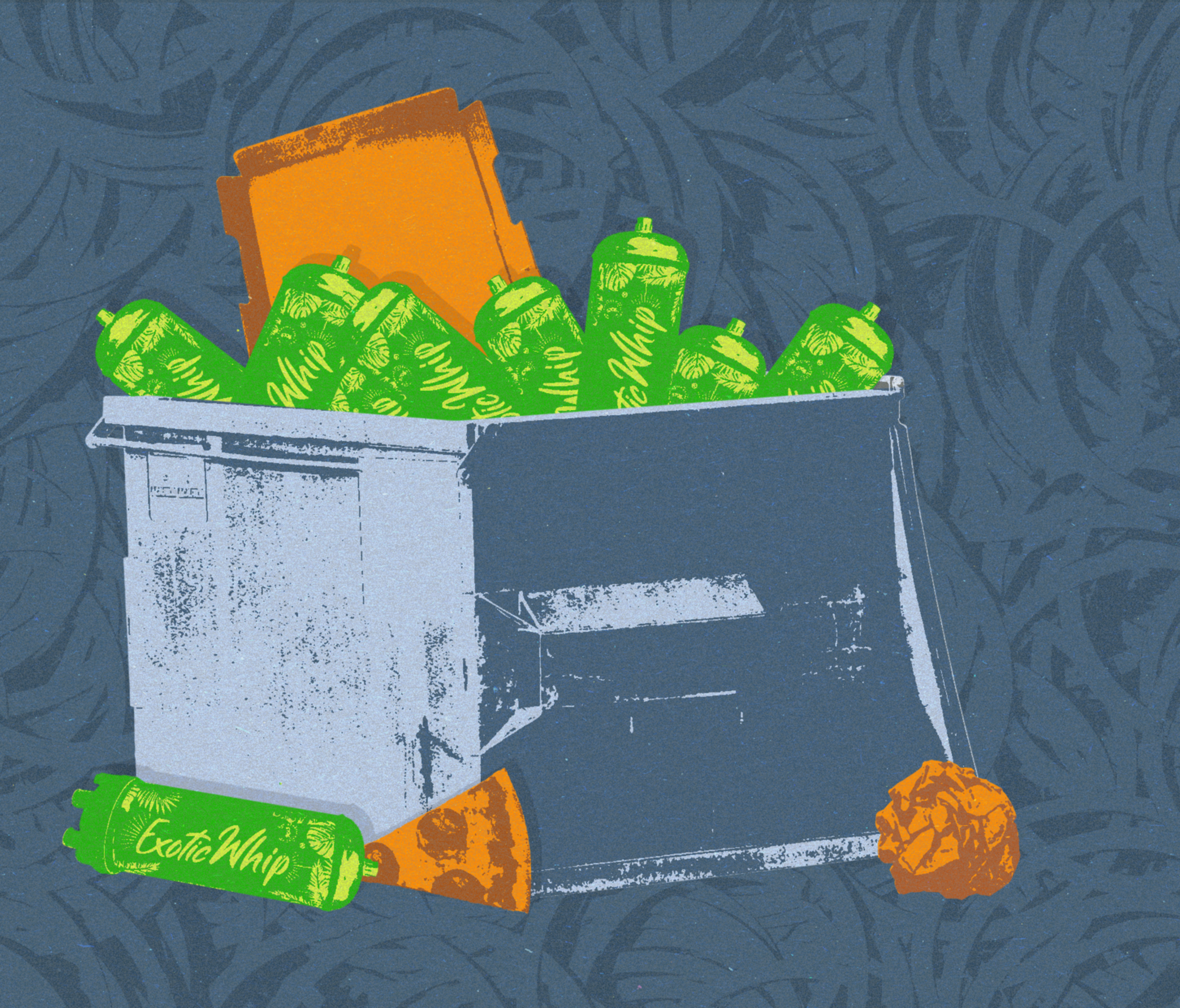 A photo illustration of cool whip canisters in a trashcan