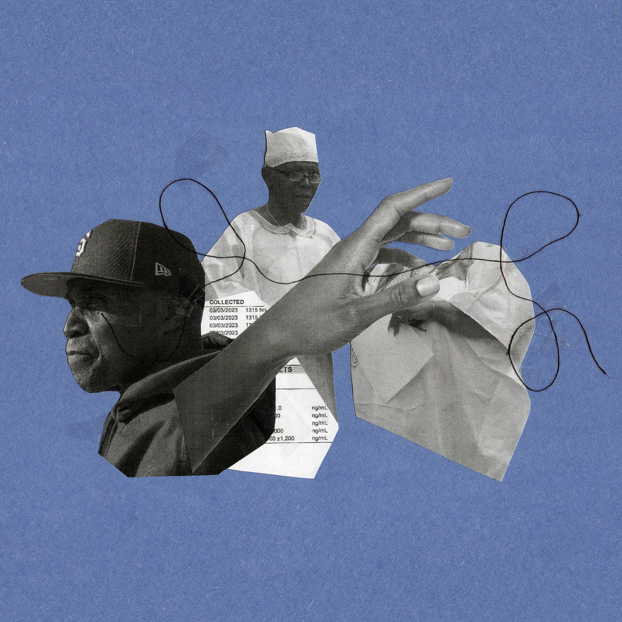 An abstract photo collage with two men and fragments of paper documents.