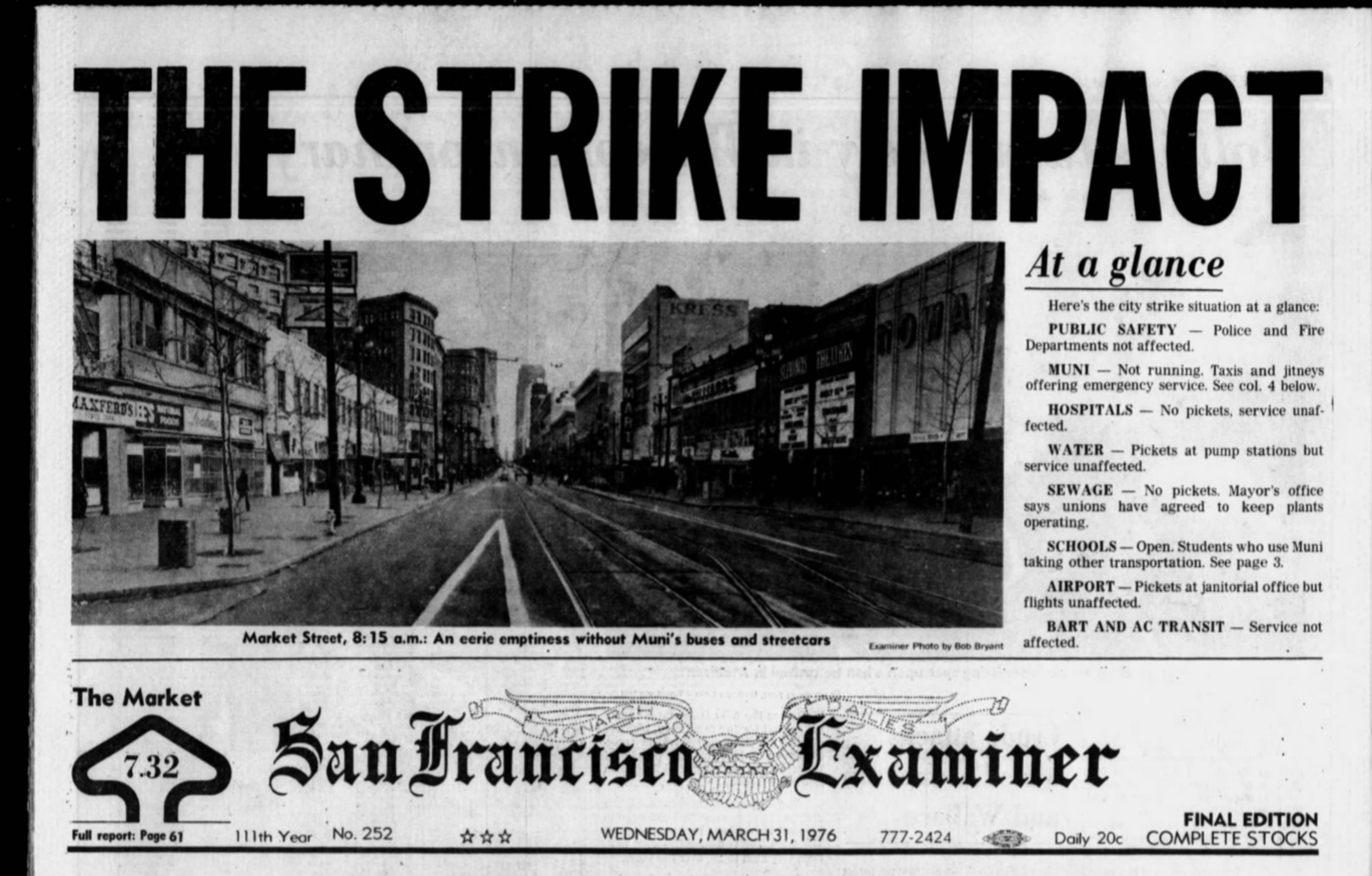 Empty Market Street at 8:15 a.m. during a strike, with no Muni buses or streetcars running and a summary of affected city services.