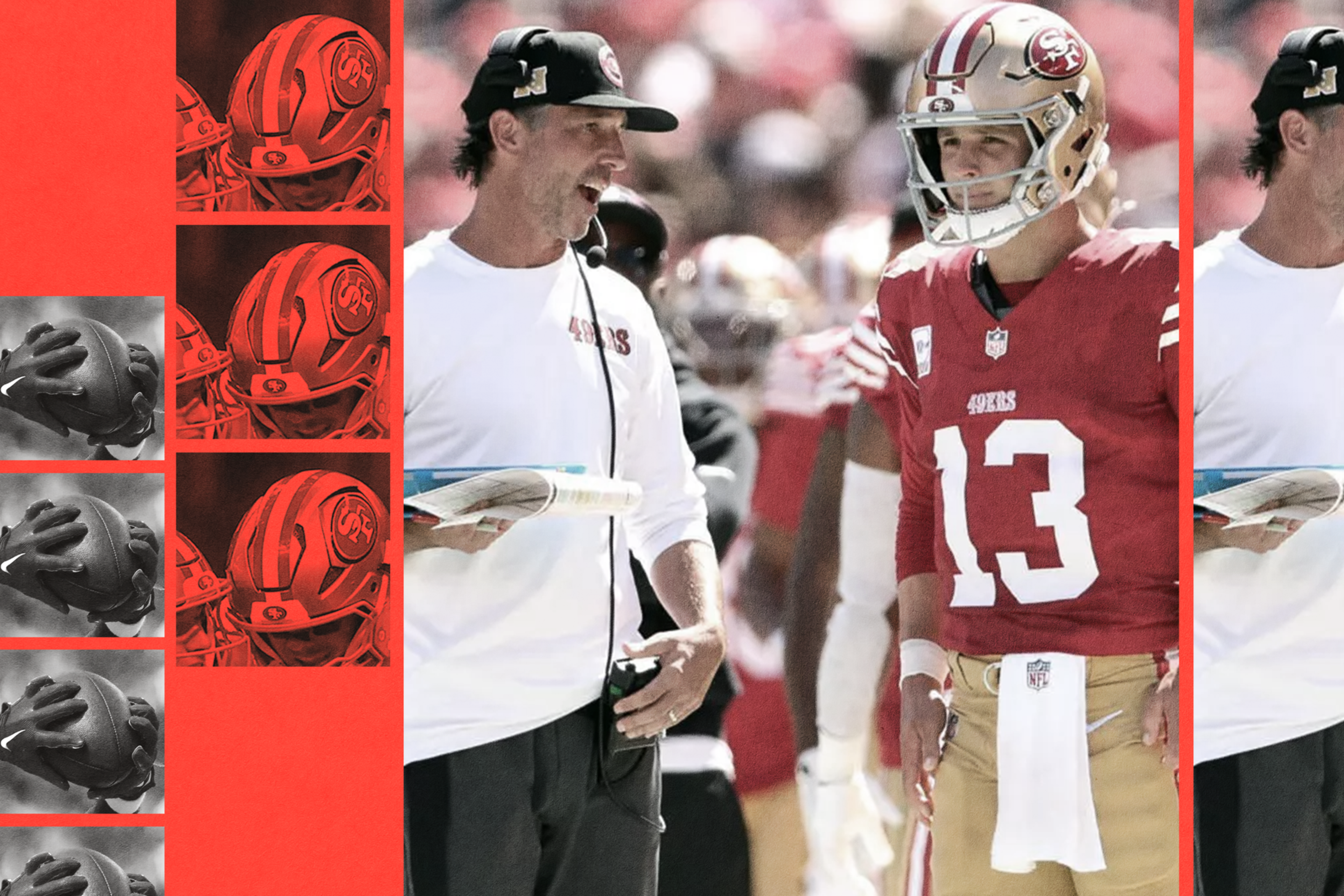 A 49ers coach in a white shirt and headset talks to a player wearing a red jersey numbered 13 and a gold helmet on a football field.
