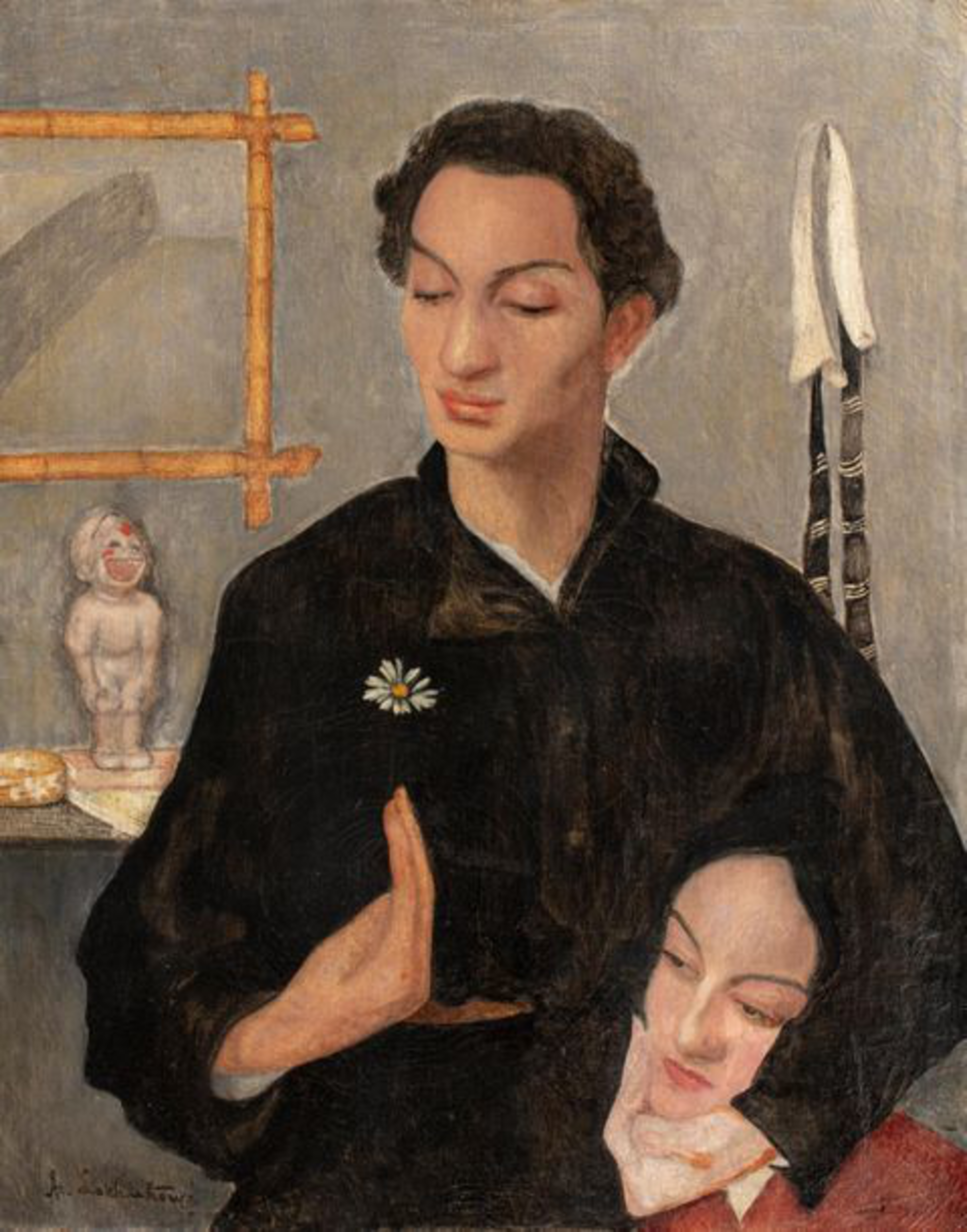 A painting of two figures, one with a daisy on the chest, and a sculpture and sword in the background.