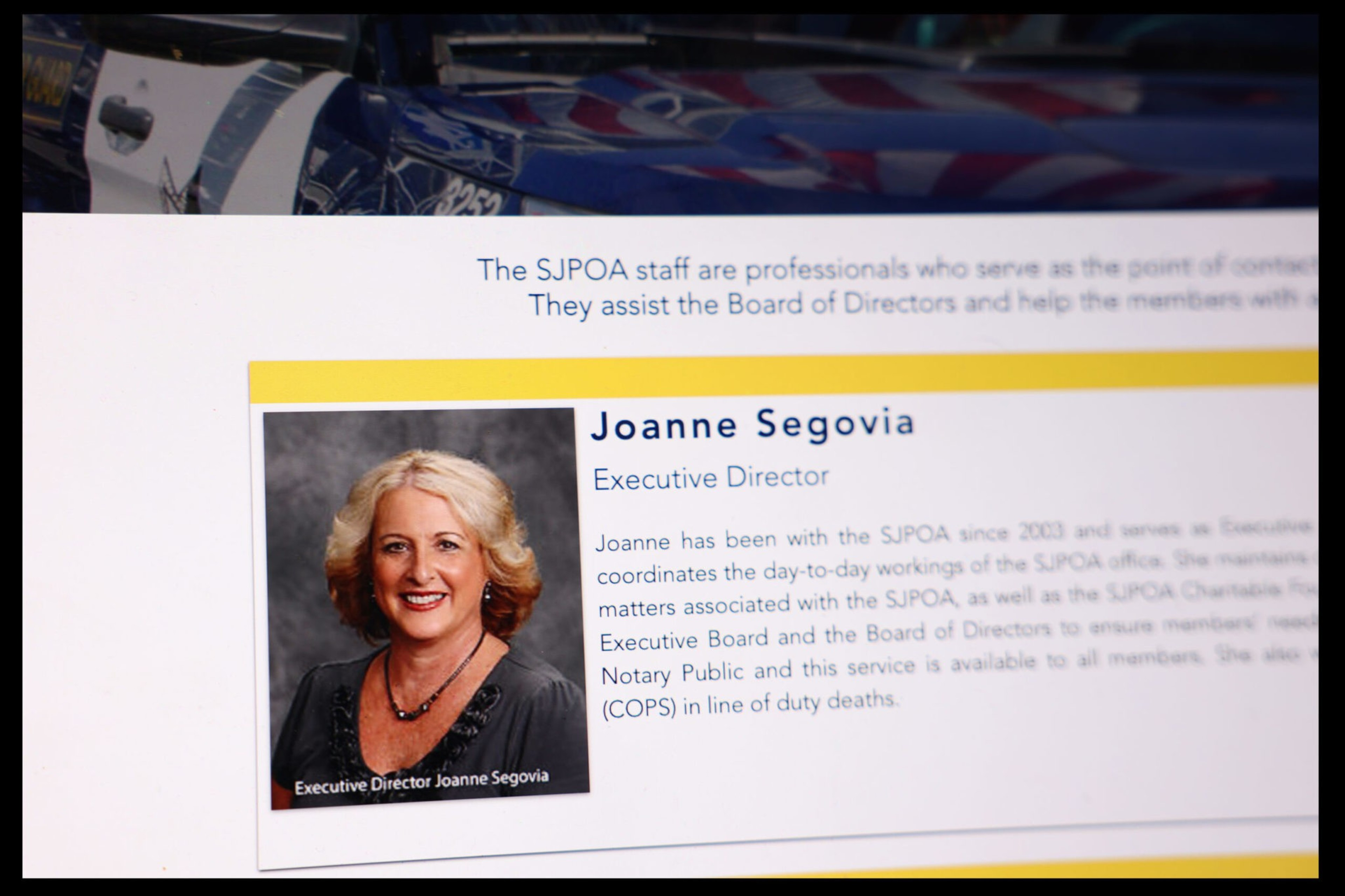 Joanne Segovia is the Executive Director of SJPOA, coordinating daily operations since 2003 and providing services including Notary Public and COPS in line of duty deaths.