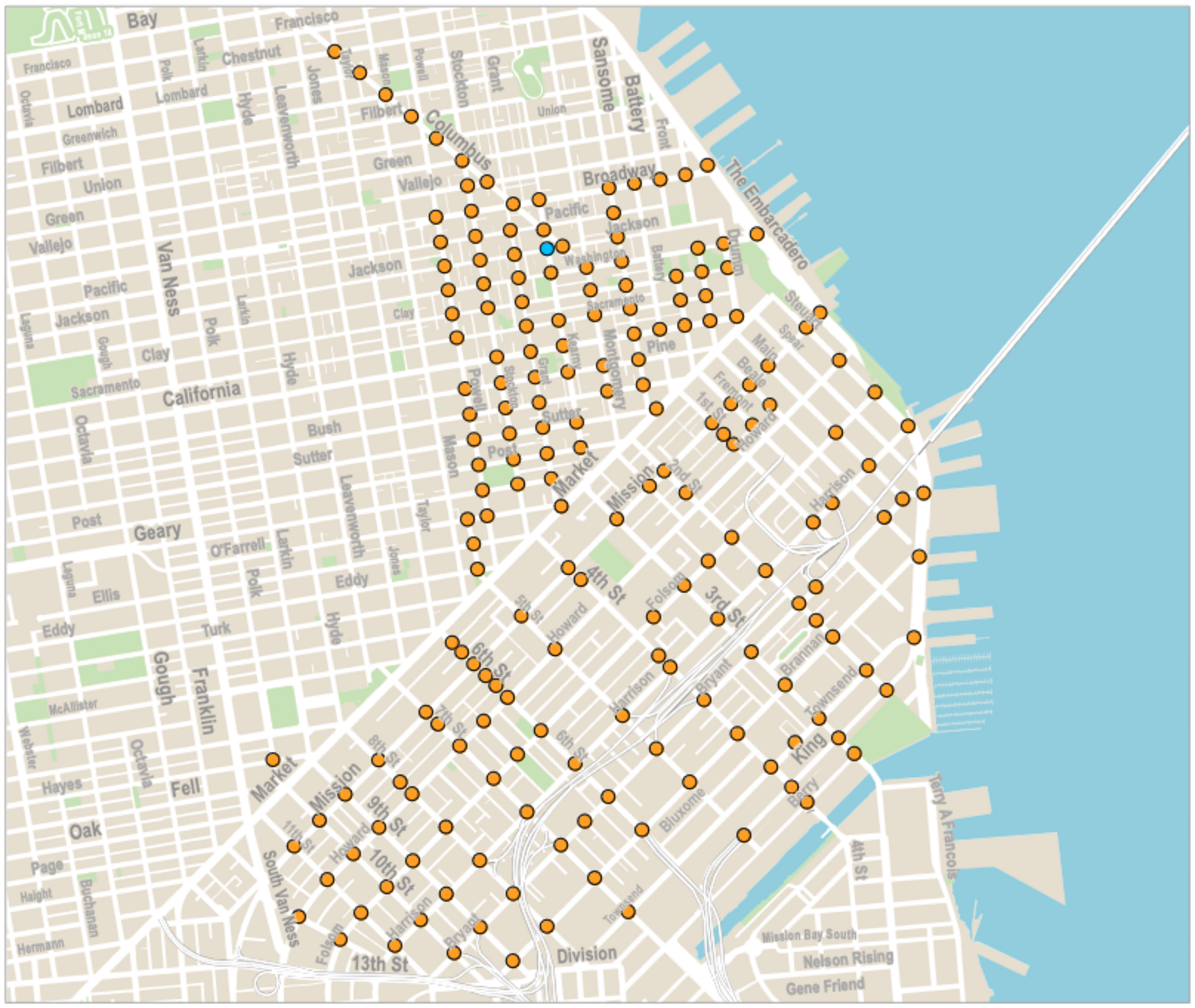 A map of downtown San Francisco.