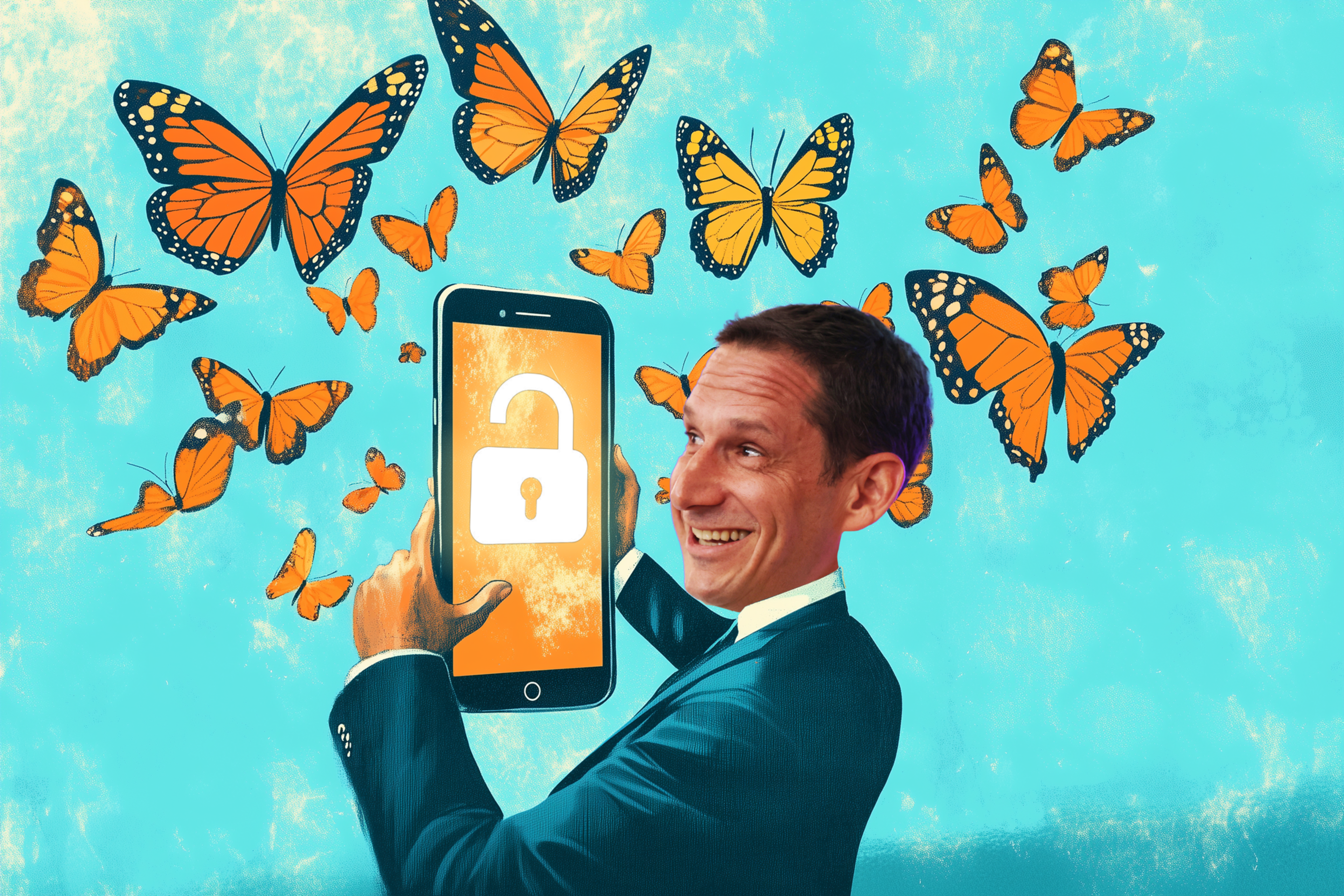 A smiling man in a suit holds a smartphone with an unlocked padlock icon, surrounded by vibrant orange butterflies against a bright blue background.