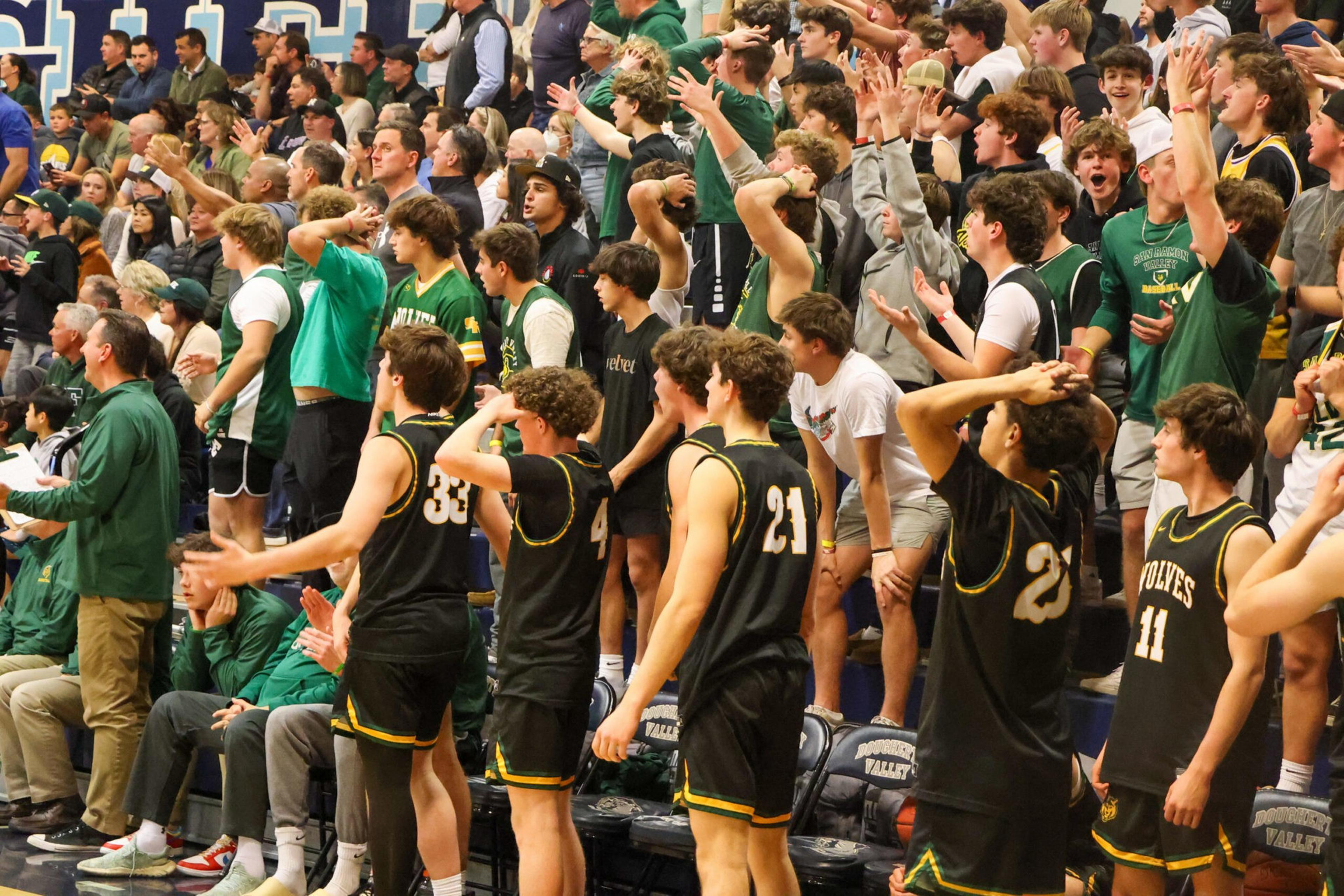 A group of basketball players in black uniforms and many fans in green cheer, with many holding their heads in surprise or excitement.