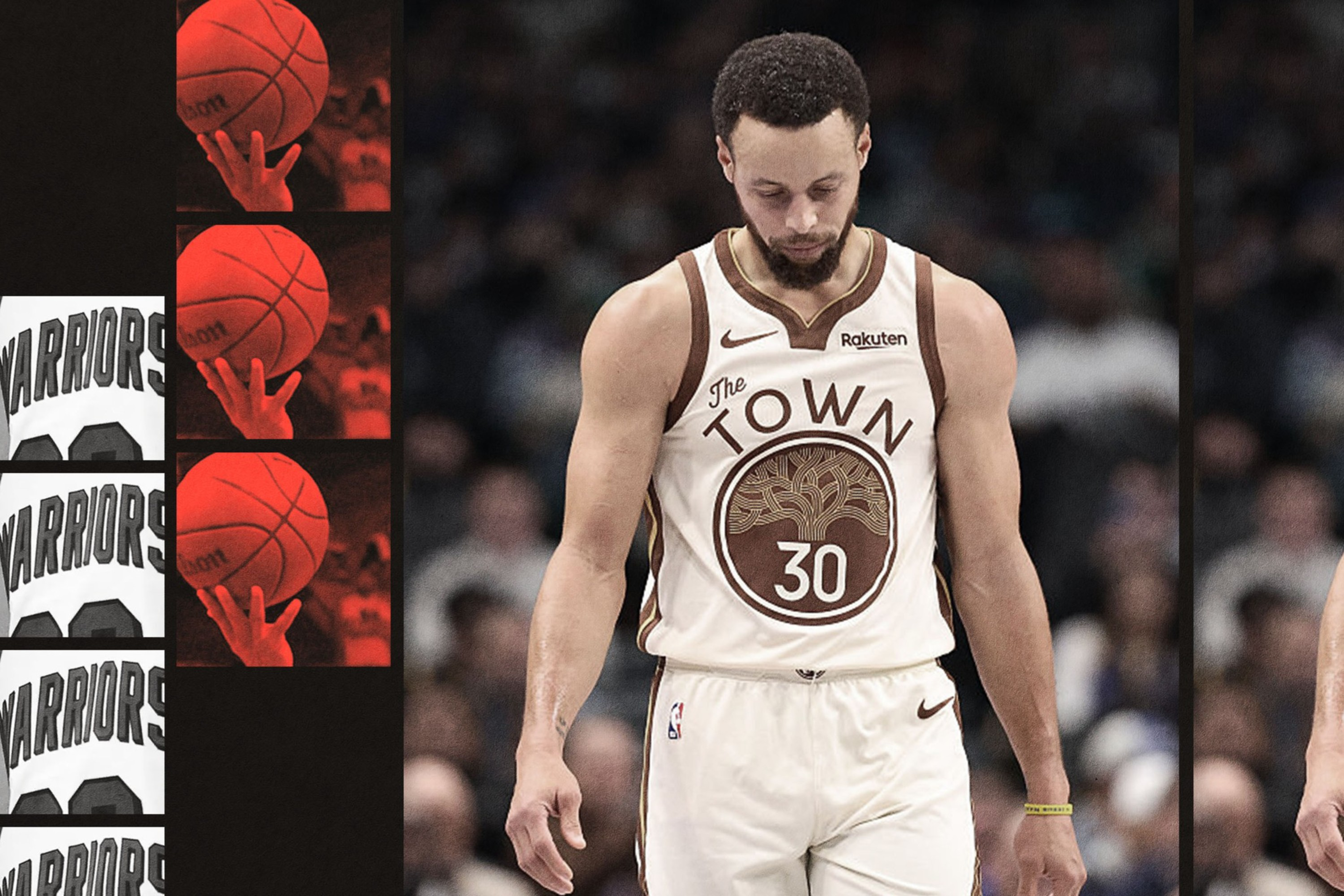 A basketball player in a white "The Town" Warriors jersey with number 30 looks down, with a collage of basketball and jersey images on the left.