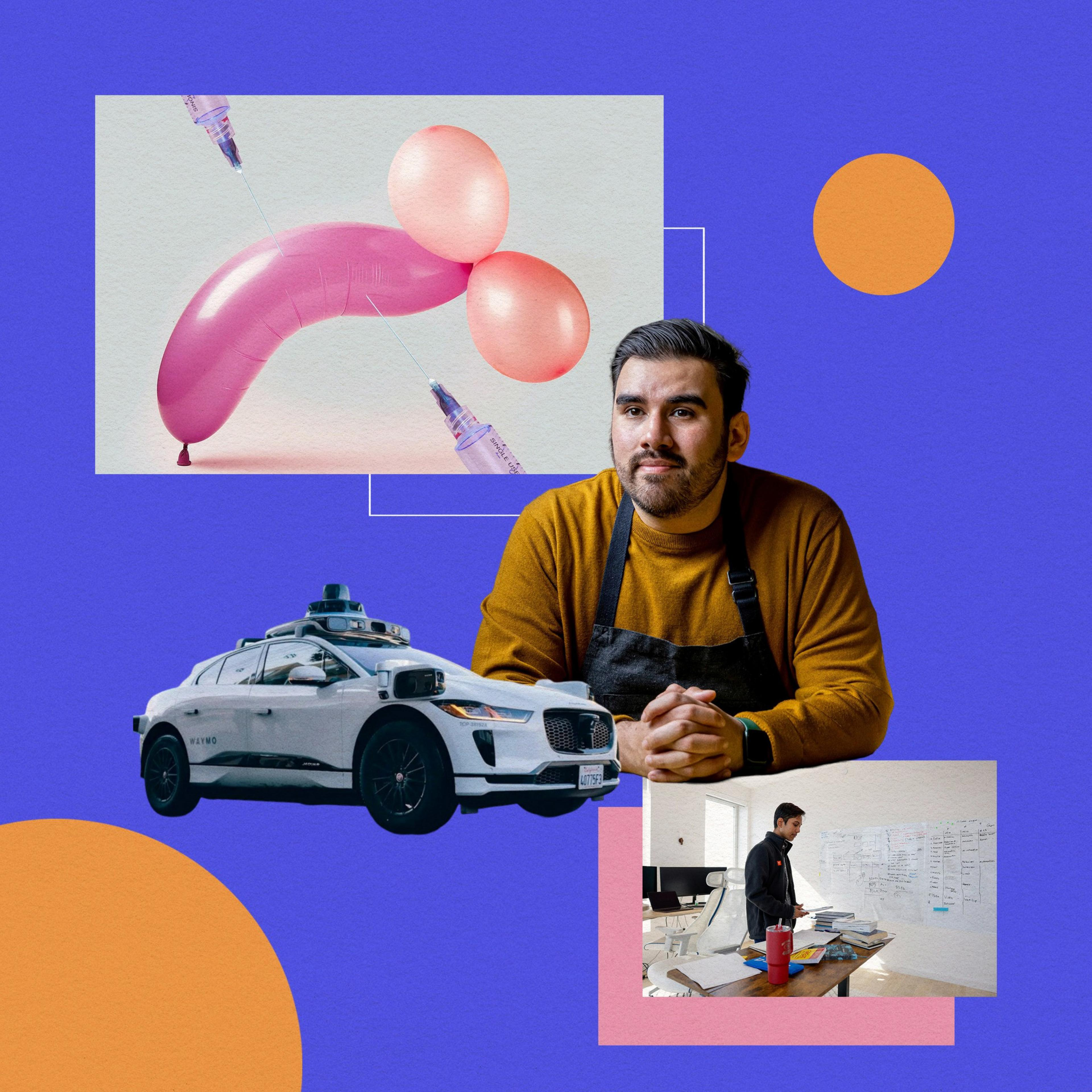 The image features a man in a mustard sweater, a self-driving car, and abstract art with balloons and syringes on a colorful background with geometric shapes.