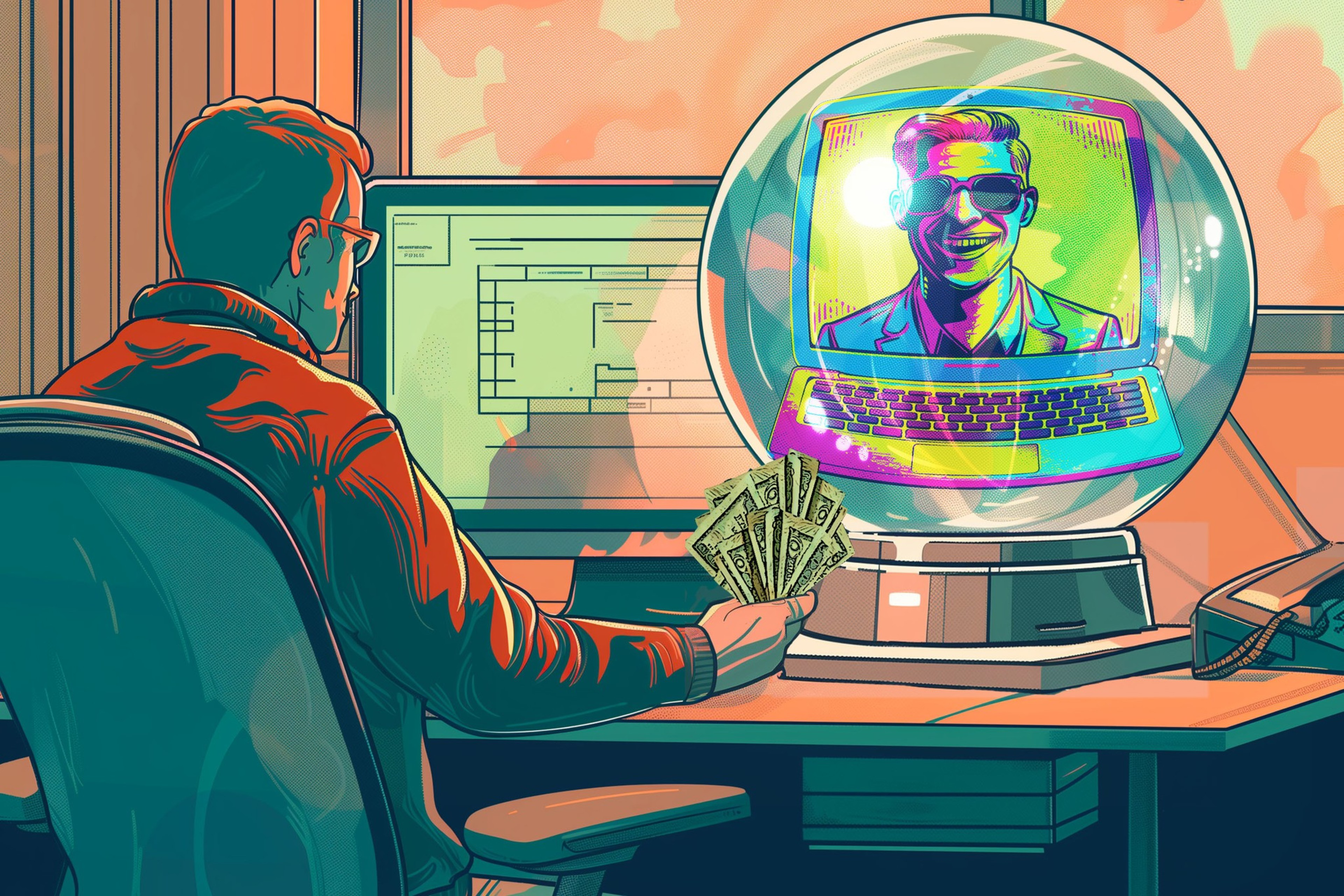A man sits at a desk with a computer, holding money. Before him is a crystal ball displaying a colorful image of a smiling man in sunglasses and a suit.