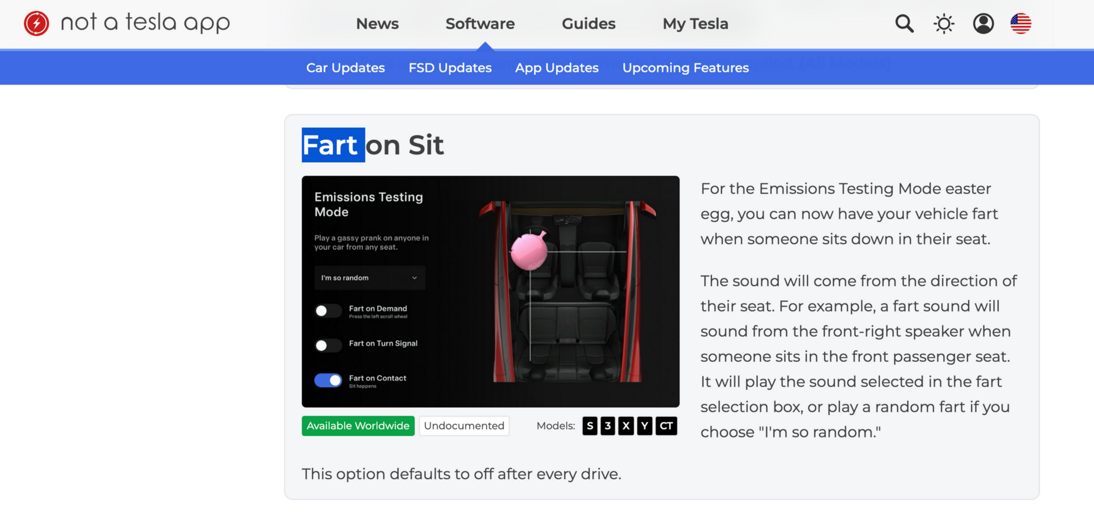 Emissions Testing Mode lets your vehicle play a fart sound from the seat someone just sat in, triggered by contact or on demand, with customizable options.