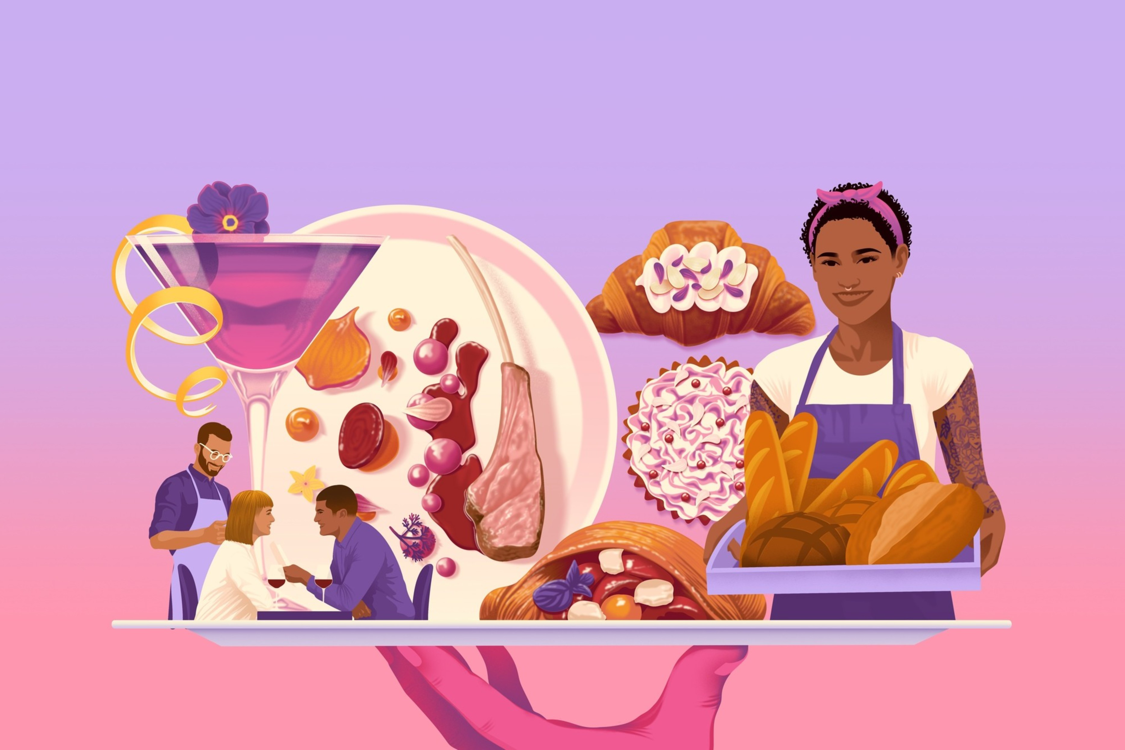 The image features a vibrant platter with diverse foods, cocktails, and a smiling woman holding bread. A couple dines with a waiter nearby, set against a pink-purple gradient.