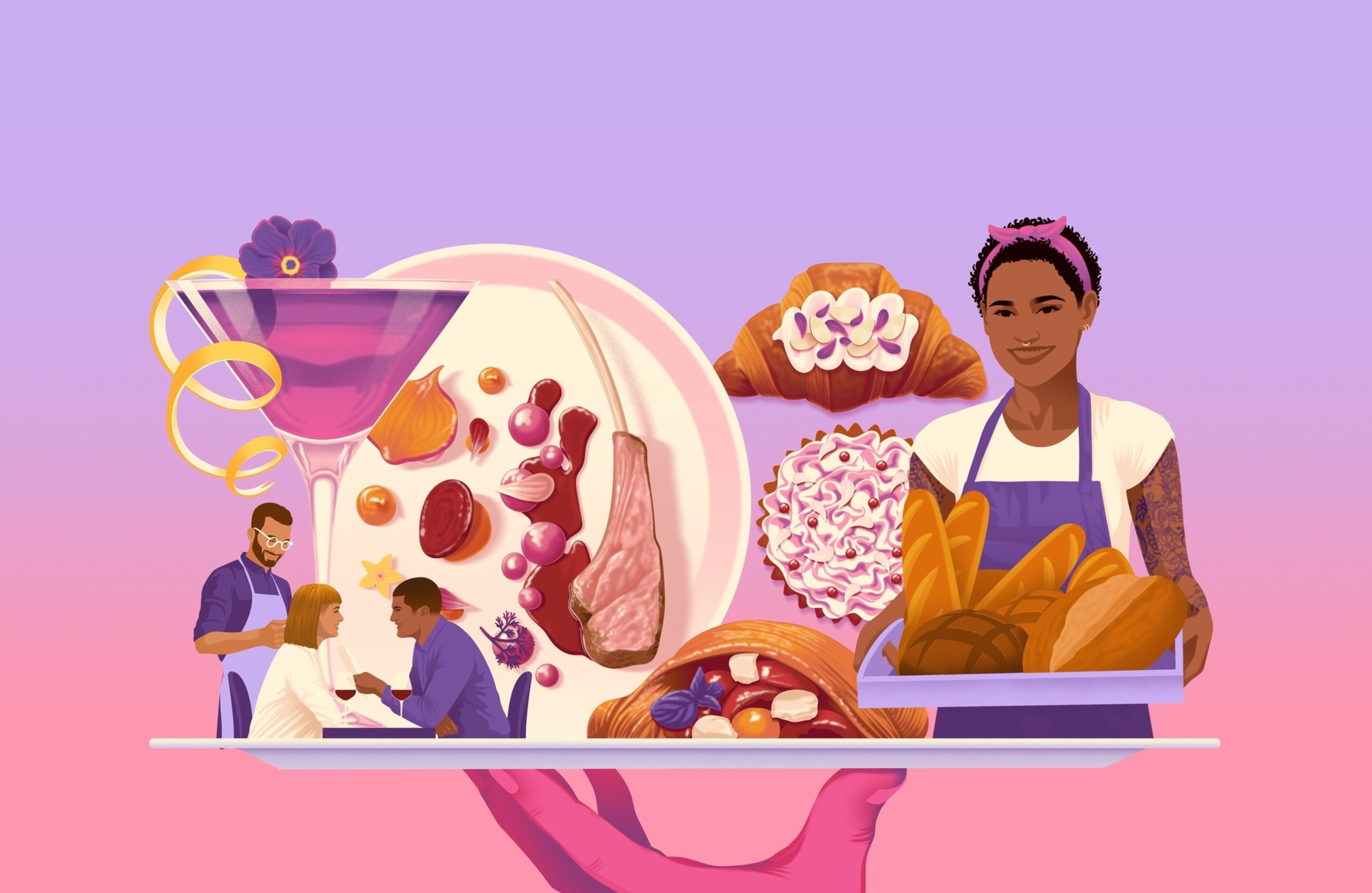 The image features a vibrant platter with diverse foods, cocktails, and a smiling woman holding bread. A couple dines with a waiter nearby, set against a pink-purple gradient.