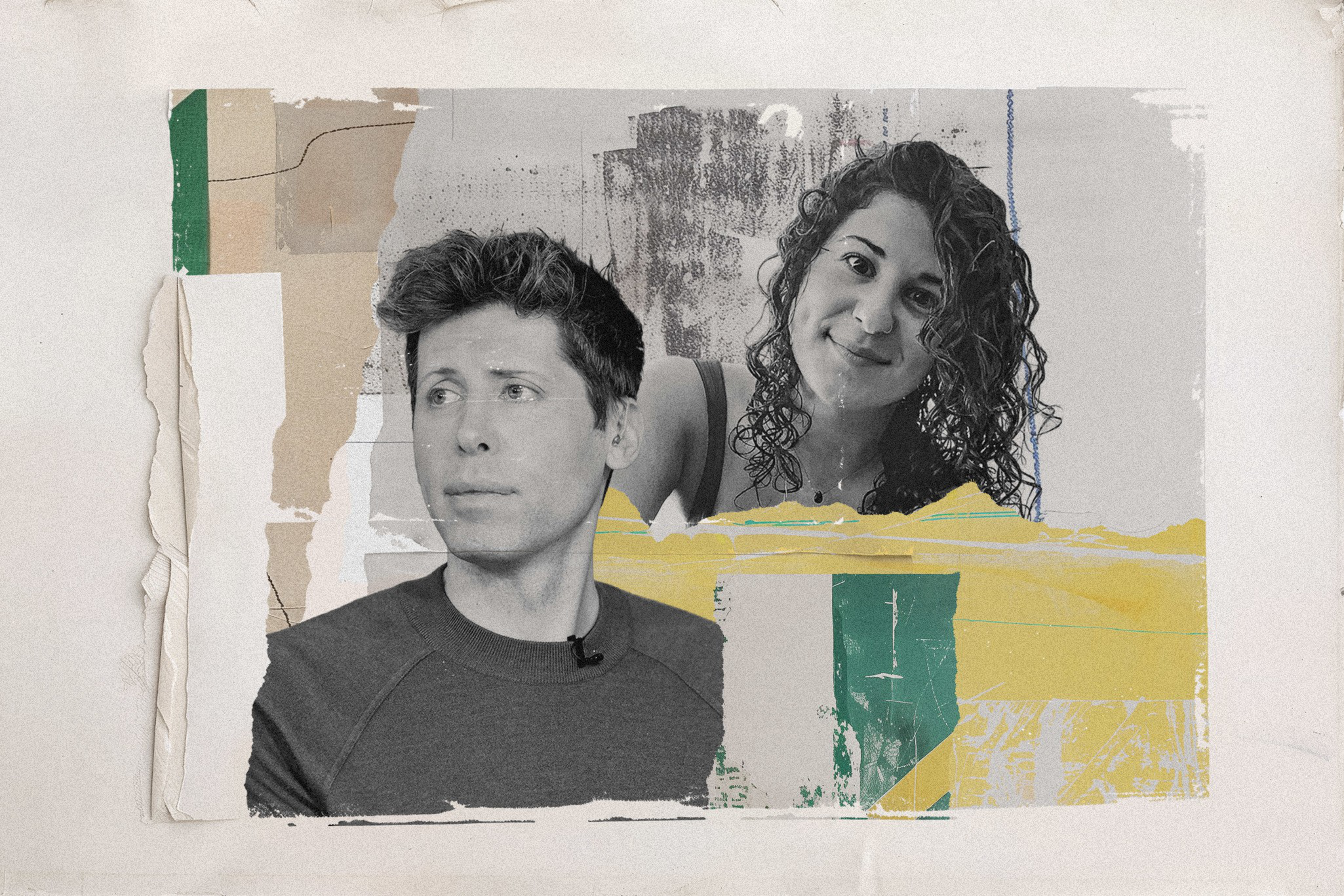 A photo collage with ripped paper, paint splashes, and a photo of a man and woman.