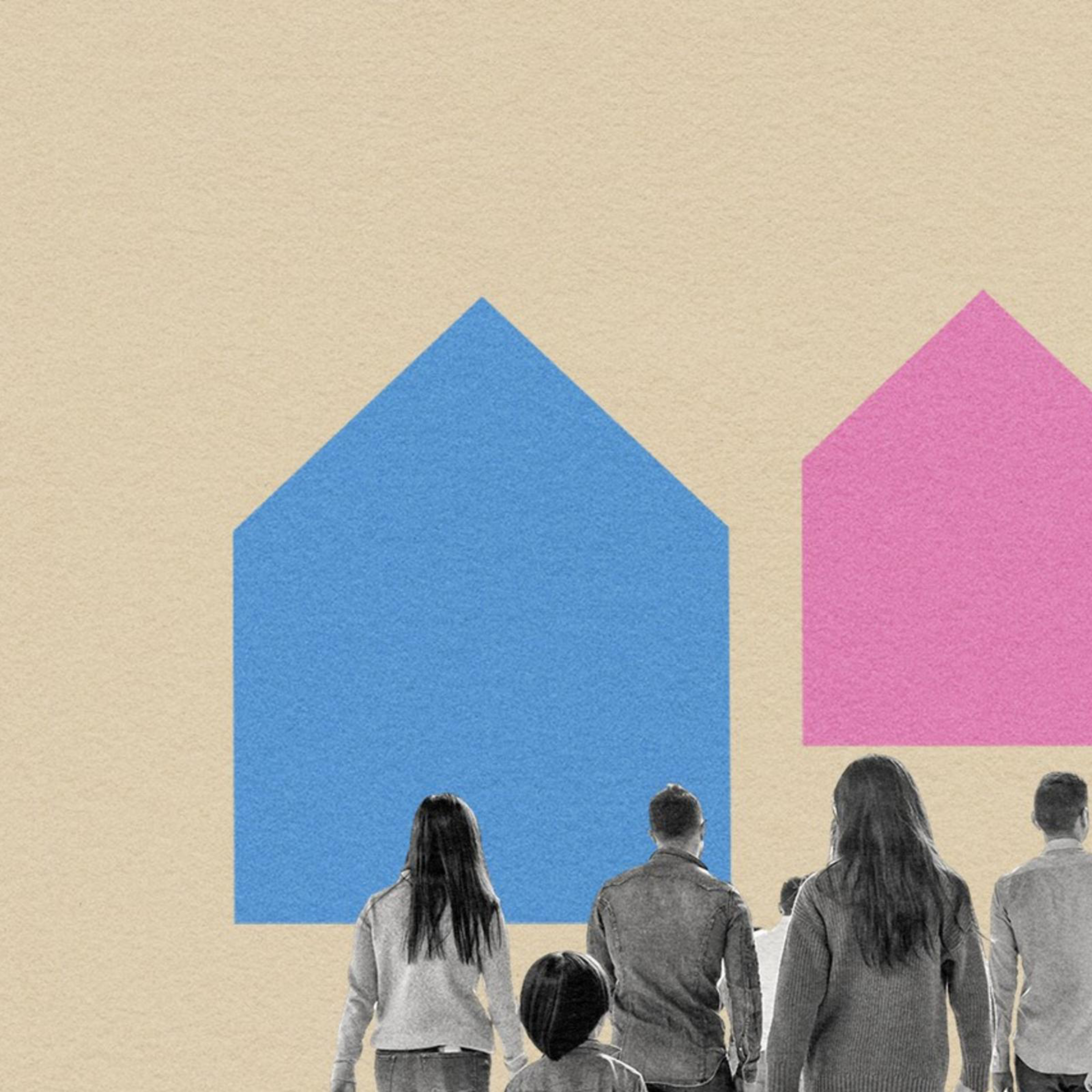 A photo illustration of a family walking home