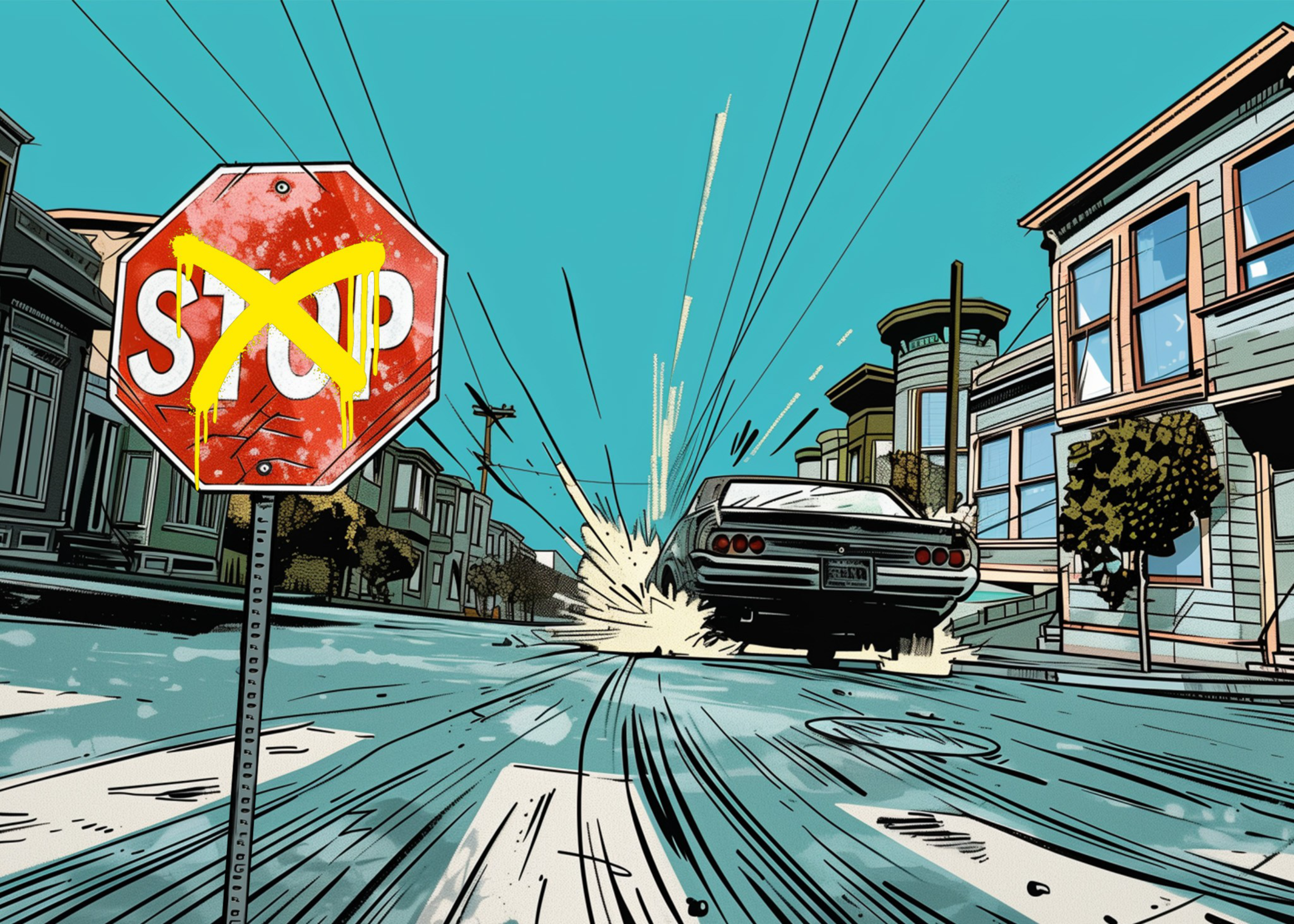 A car blowing through a stop sign marred by graffiti