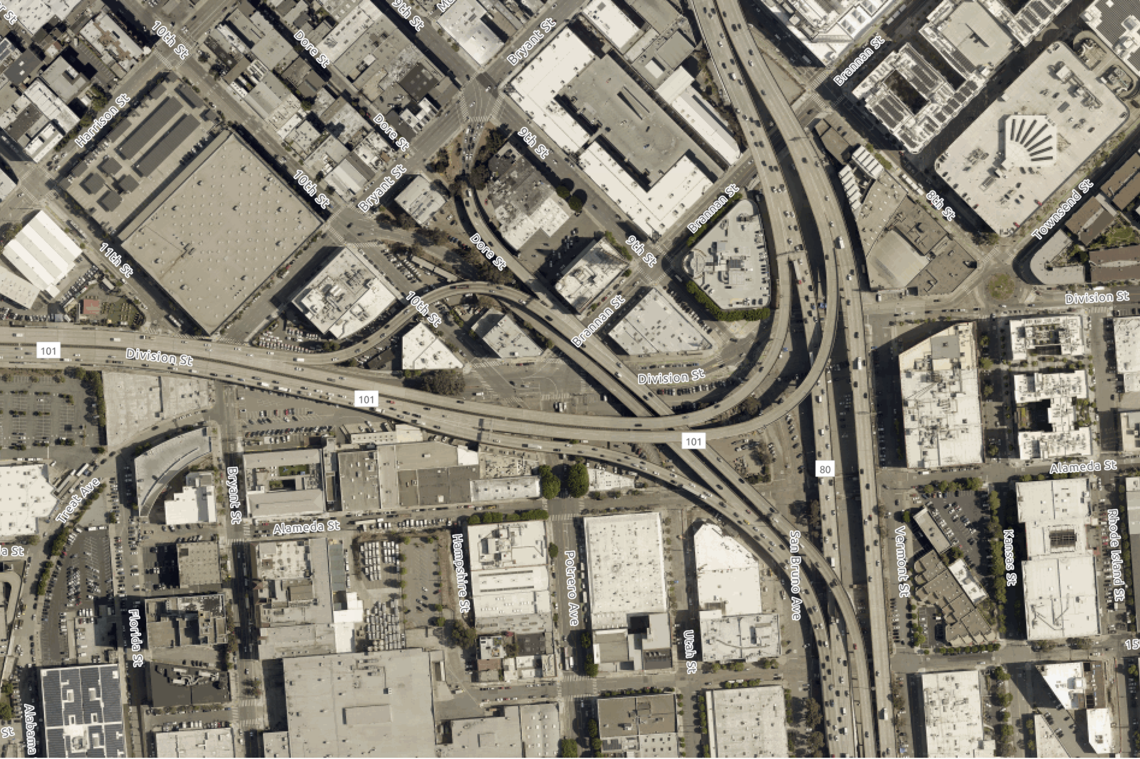 An aerial view of where US-101 & I-80 meet in the SoMa neighborhood hoof of San Francisco in 2022
