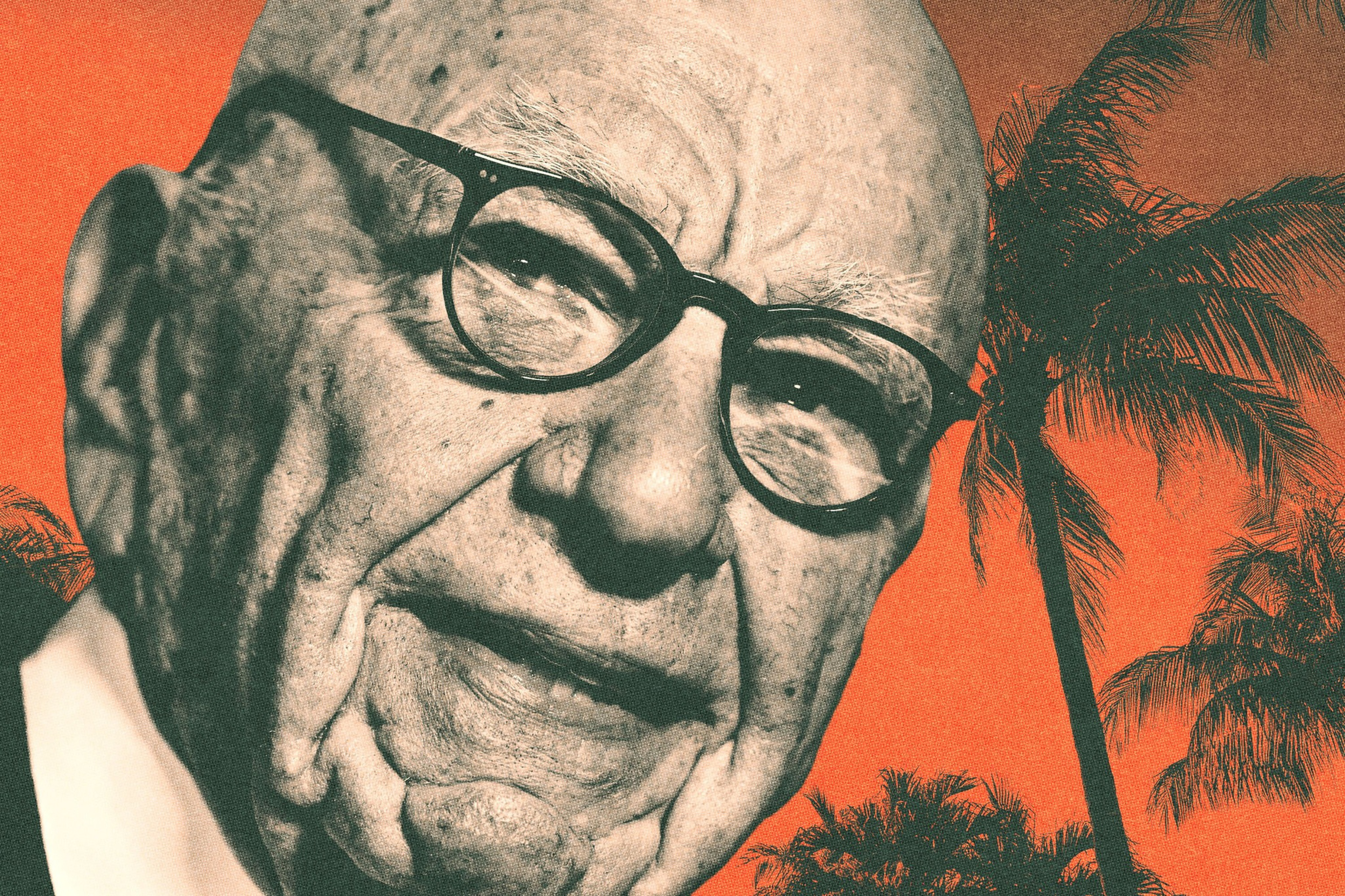 An elderly man with glasses and deep wrinkles is in front of an orange background featuring silhouettes of palm trees.