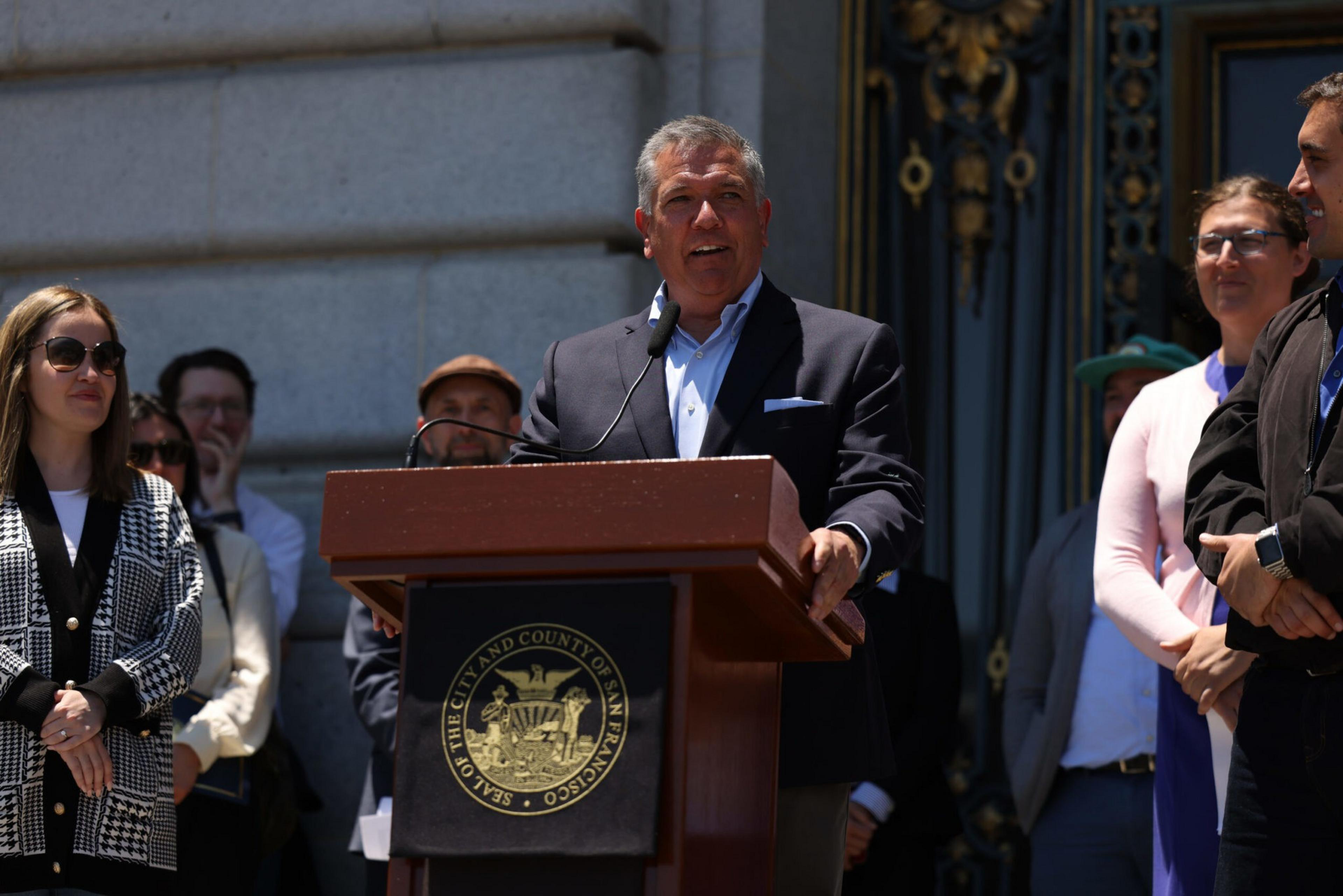 Supervisor Matt Dorsey speaks at a press conference concerning the city’s thousands of unapproved housing projects, in San Francisco, on June 29, 2023. | Jeremy Chen/The Standard