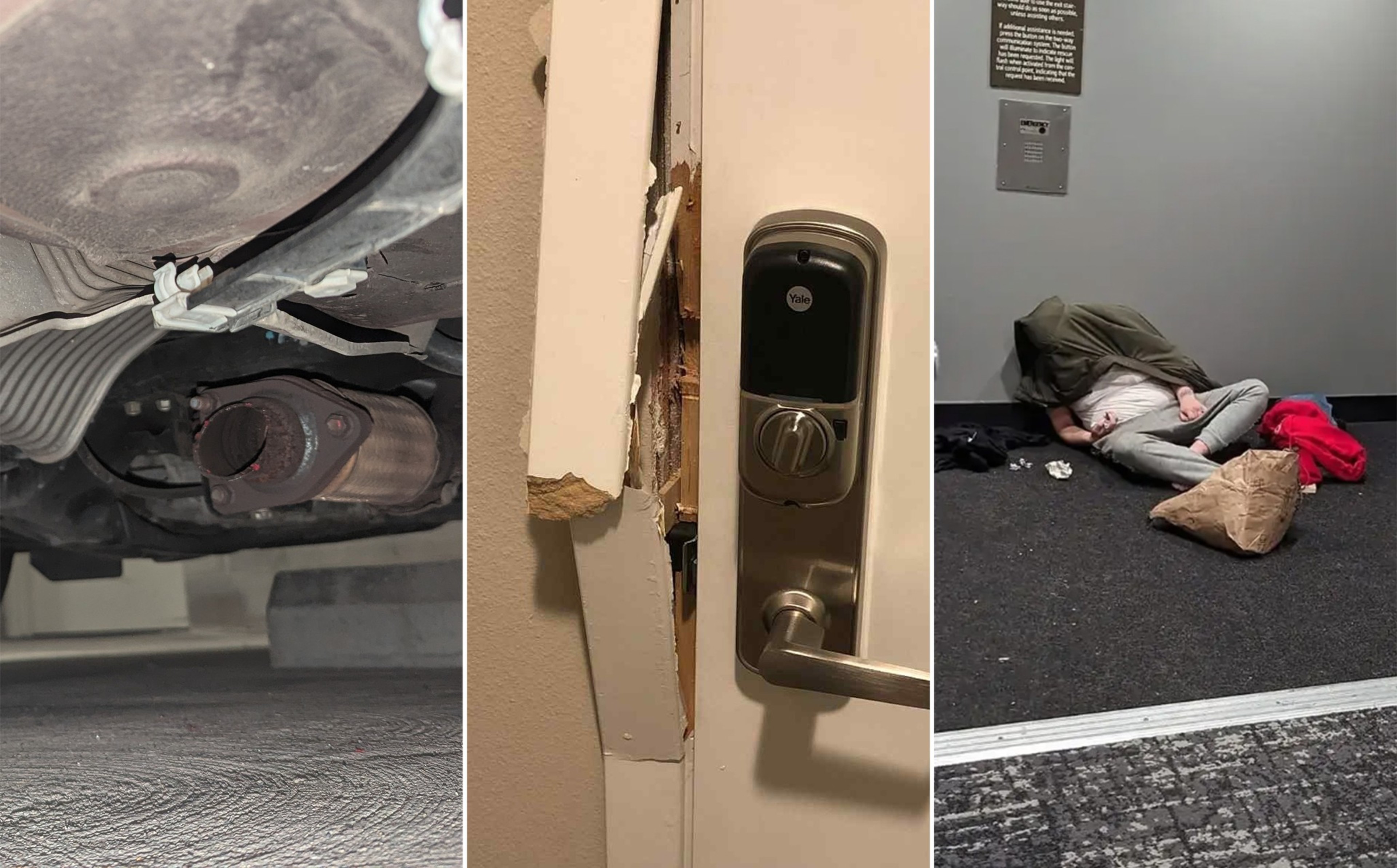 A broken car exhaust pipe, a damaged door frame around a smart lock, and a person lying on the floor in a hallway near a paper bag and red cloth.