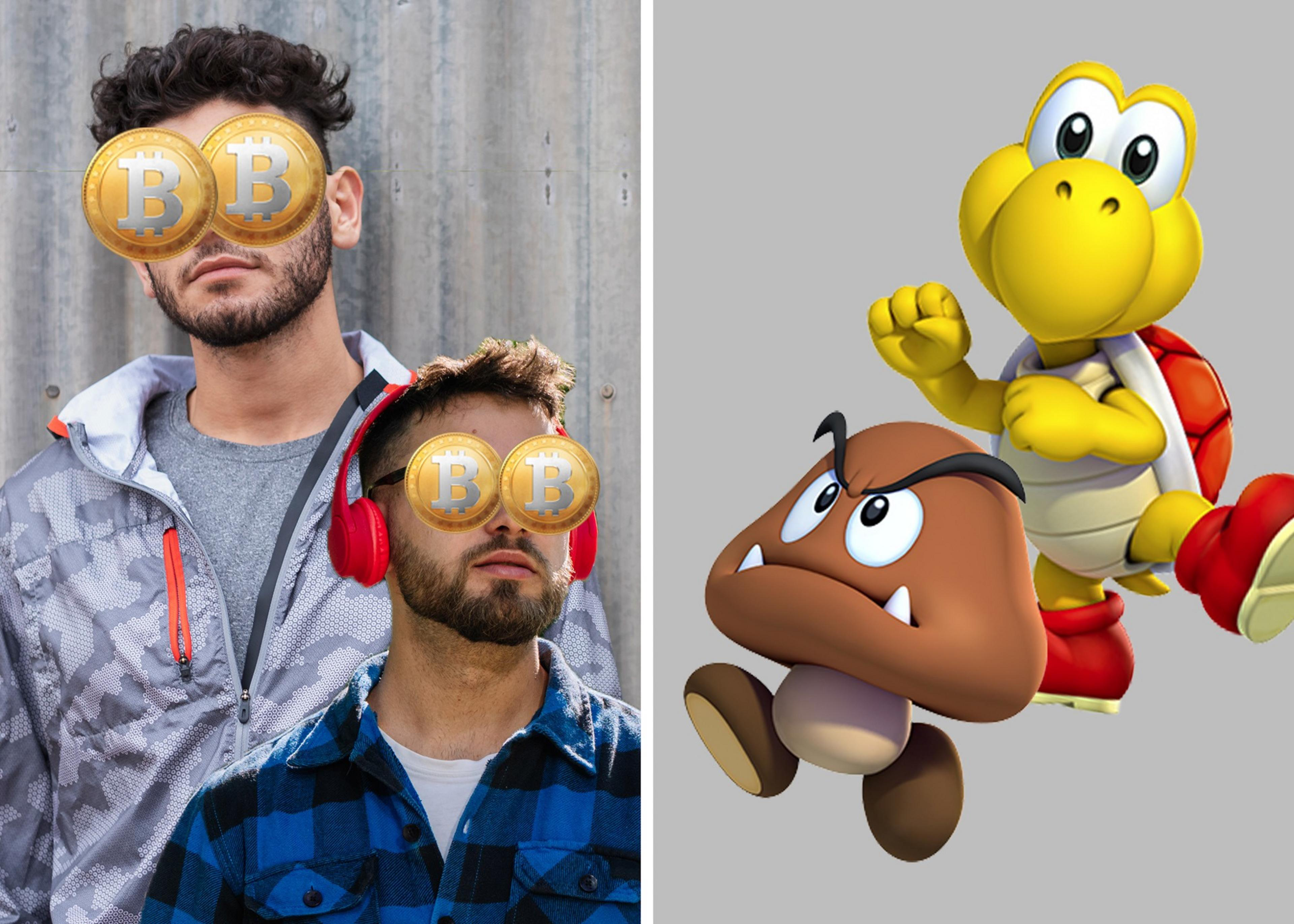 The image features two men with Bitcoin coins as eyes on the left, and Mario characters Goomba and Koopa Troopa on the right, with a plain background.