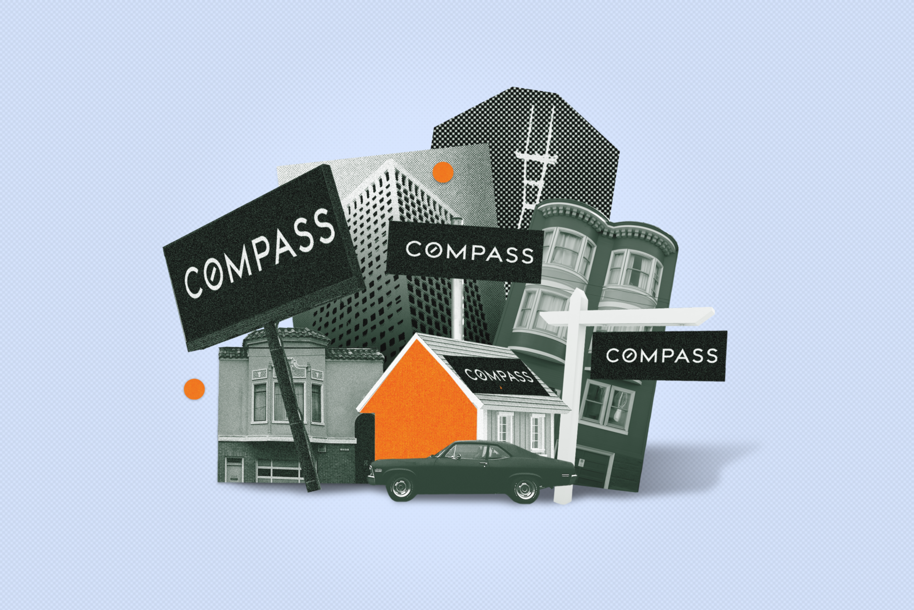 A collage of various buildings, a car, and multiple street signs all labeled "Compass" against a light blue background.