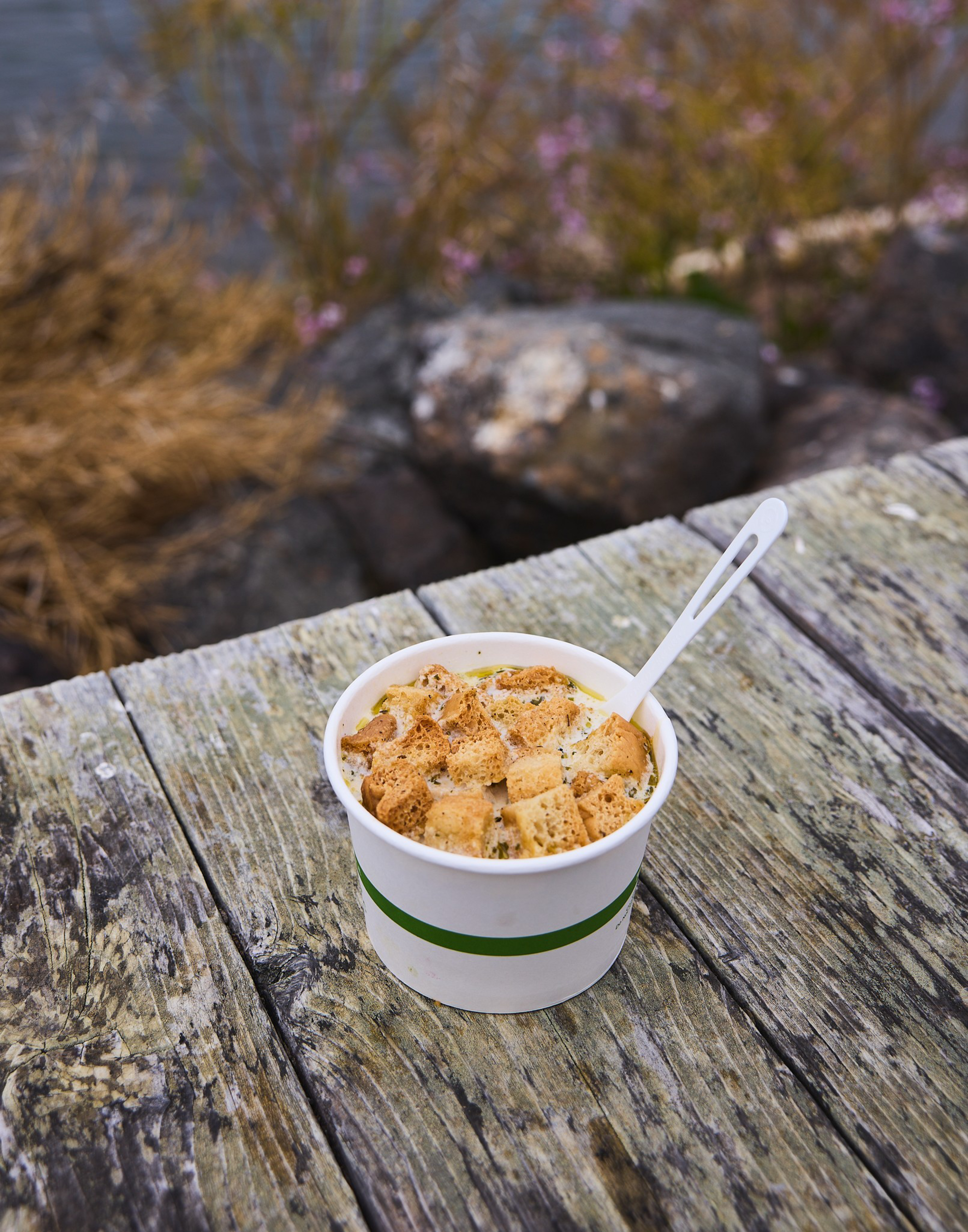 A white paper cup with a green stripe holds creamy soup topped with croutons and a white plastic spoon, placed on a weathered wooden surface outdoors.