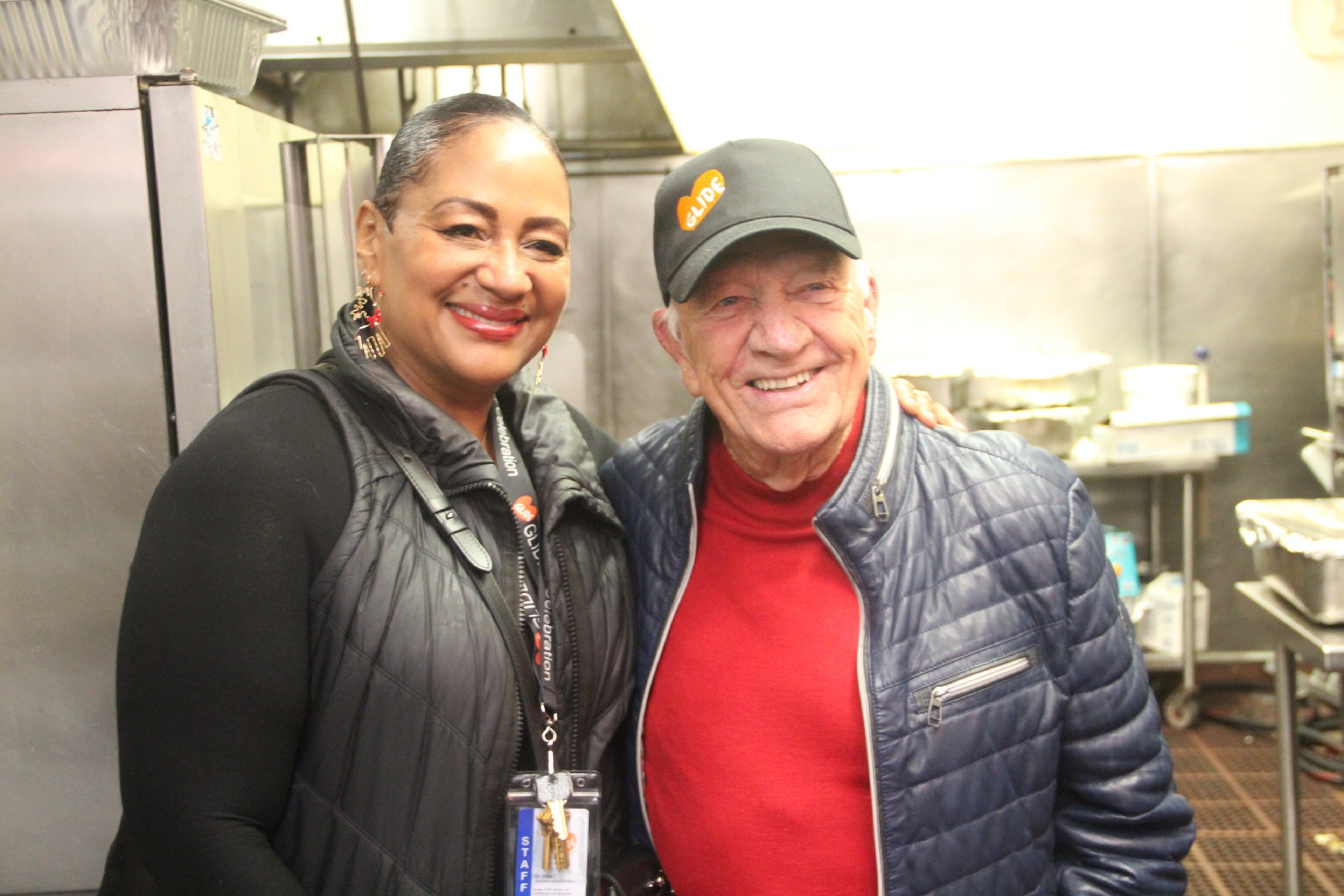 Glide Foundation CEO Gina Fromer and House of Prime Rib owner Joe Betz pose for a photo.