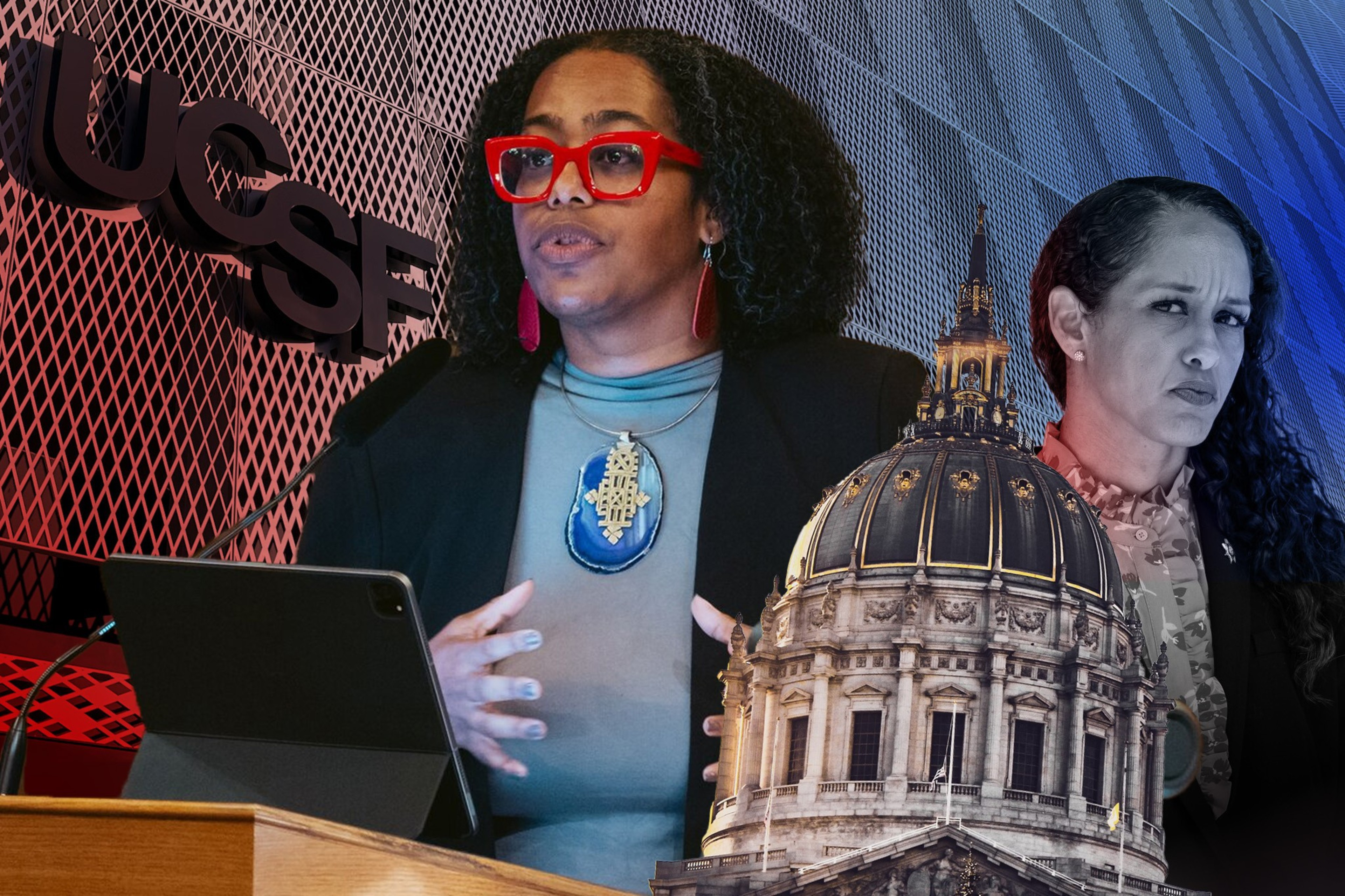 The image features a woman speaking at a podium with "UCSF" in the background, another woman looking serious, and an ornate building with a dome in the foreground.