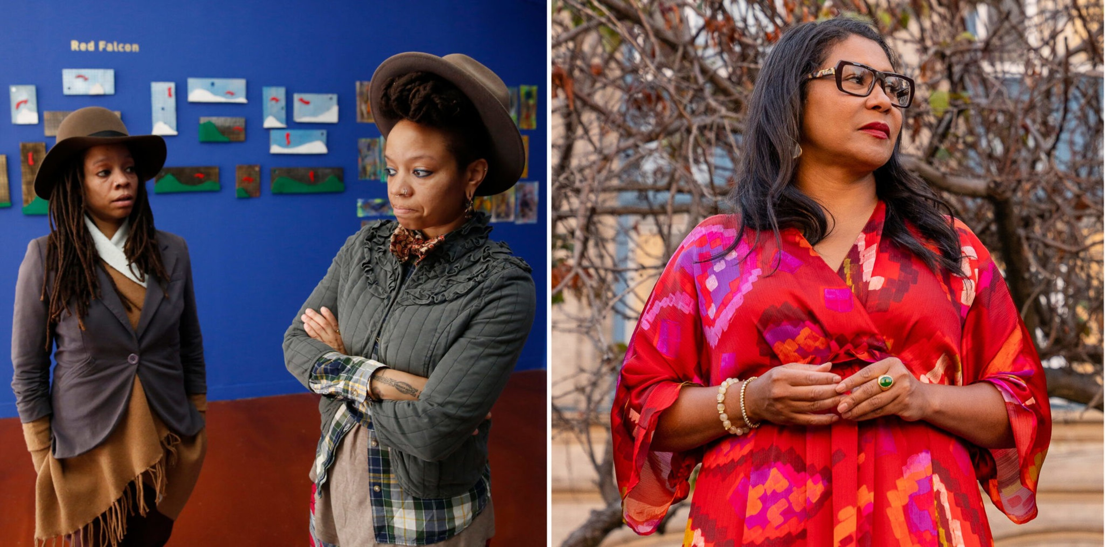 Two women stand indoors with serious expressions near art on a blue wall, while another woman outdoors wears glasses and a red patterned dress, looking to the side.