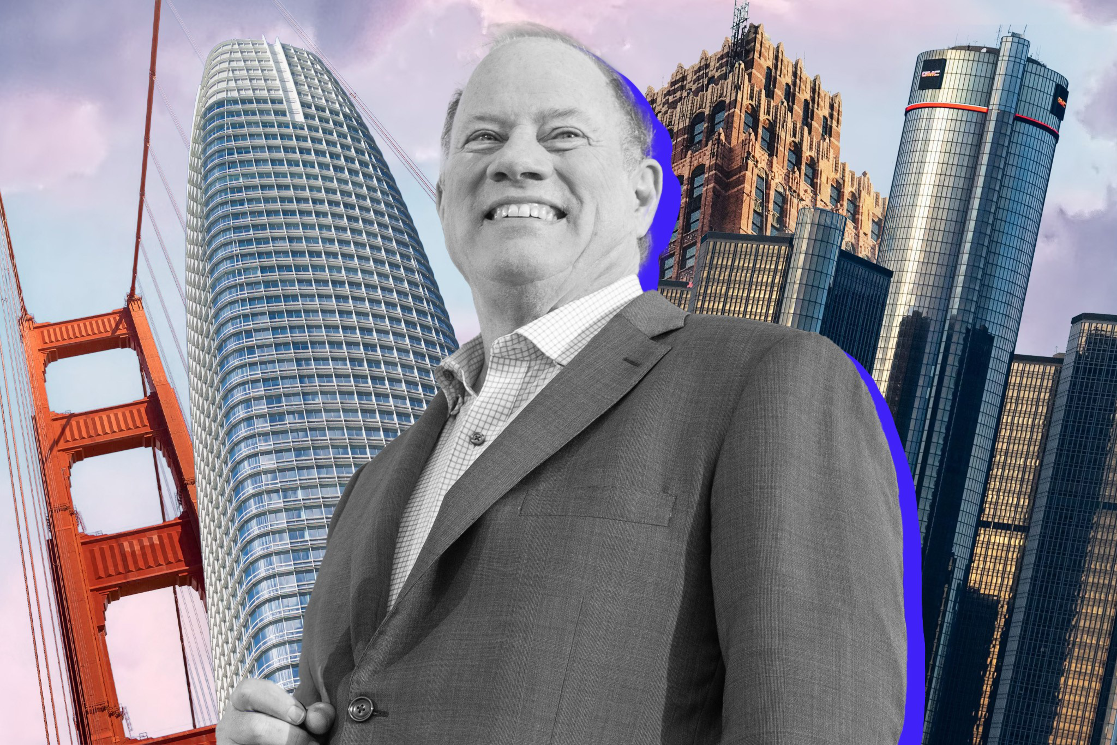 A smiling man in a suit stands in front of a collage featuring the Golden Gate Bridge and modern skyscrapers, set against a pink and cloudy sky background.