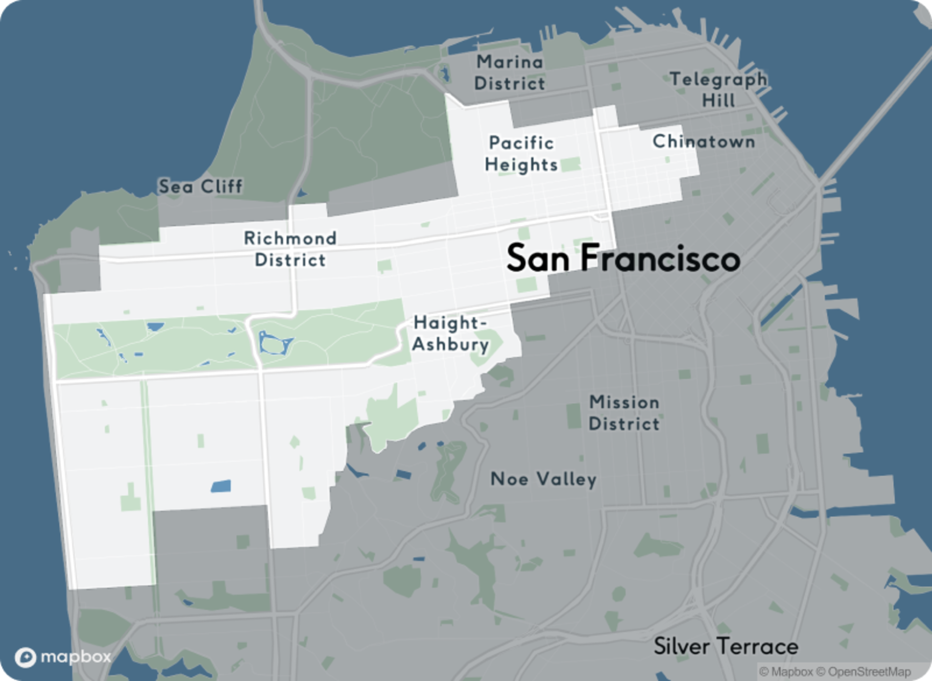 Neighborhoods in San Francisco are labeled, highlighting the Richmond, Pacific Heights, Haight-Ashbury, Marina District, Chinatown, and Mission District areas.