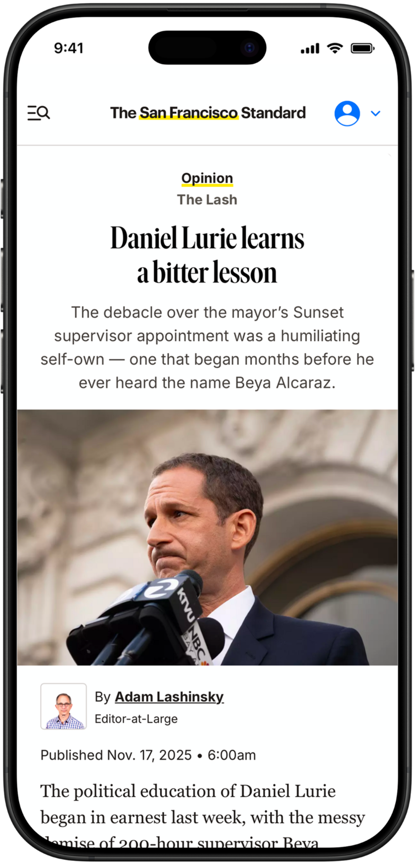An opinion article titled "Daniel Lurie learns a bitter lesson" discusses the mayor's Sunset supervisor appointment debacle, written by Adam Lashinsky and published Nov. 17, 2025.