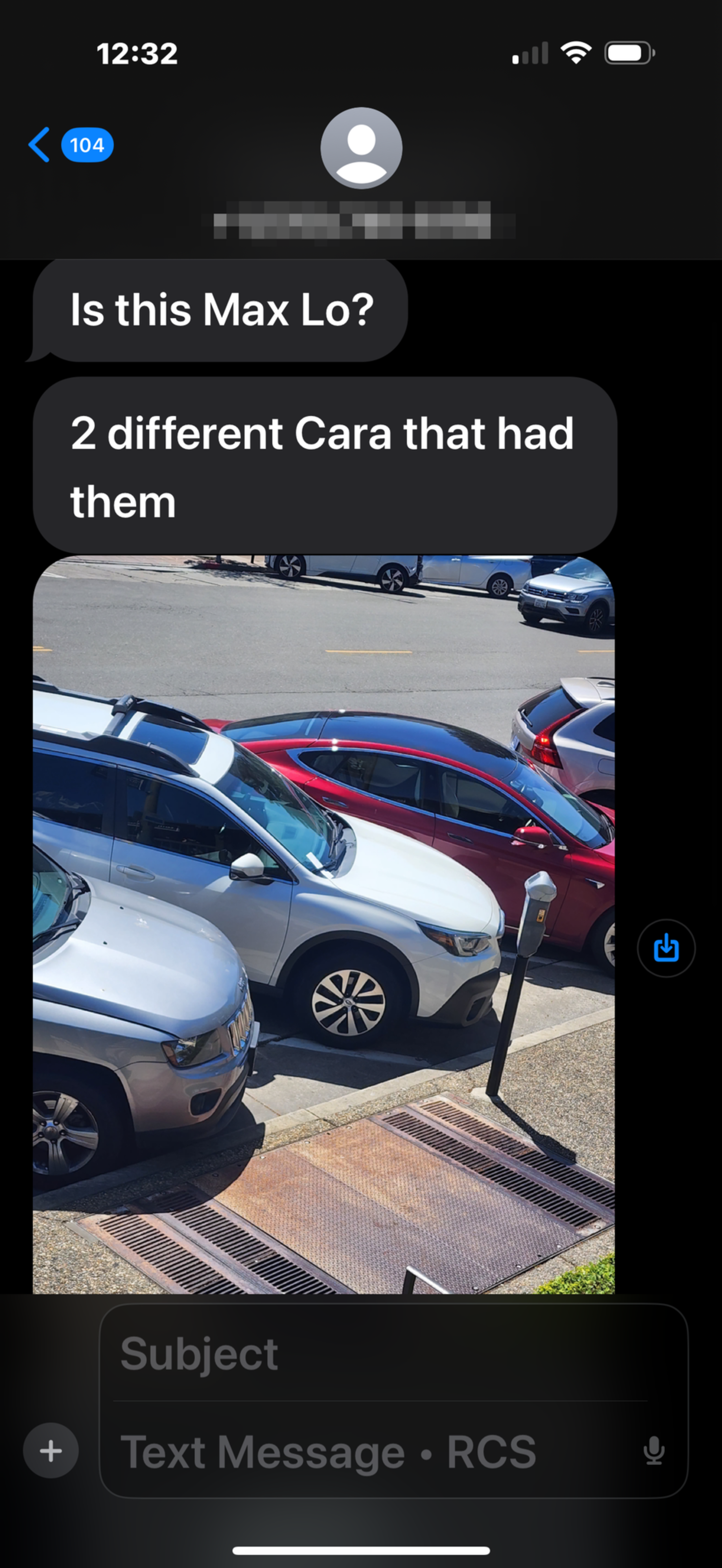 The image shows a screenshot of a phone message app. Two texts appear: one asks &quot;Is this Max Lo?&quot; and the other mentions &quot;2 different Cara that had them.&quot; Below, there’s a photo of cars parked in a lot.