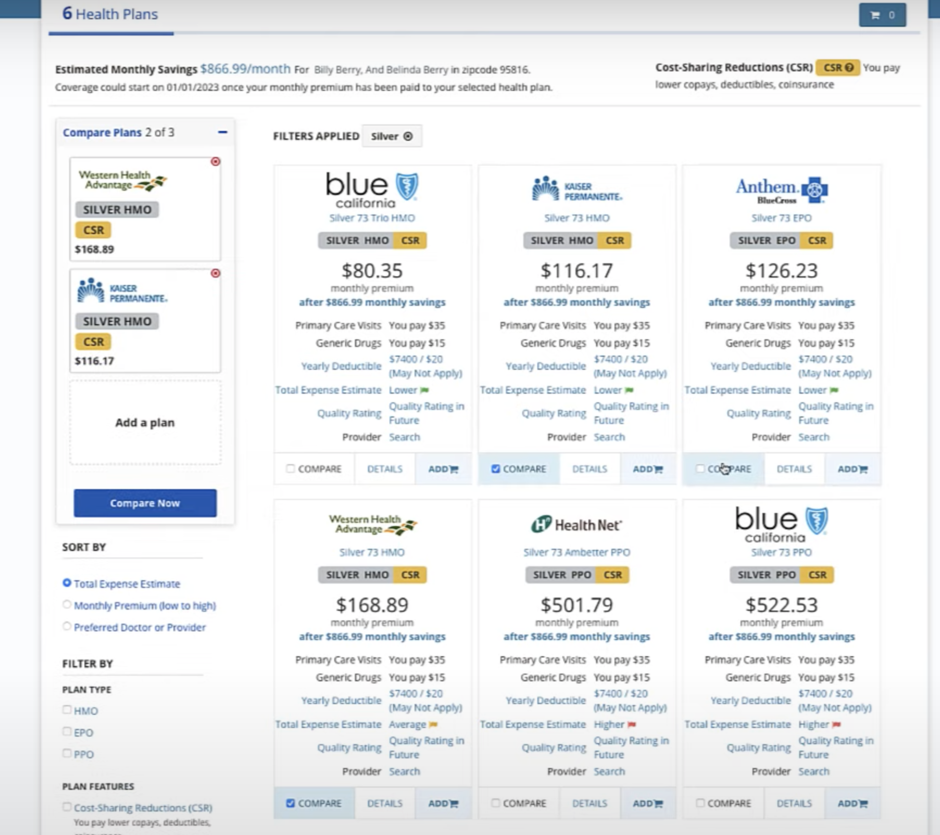 Six health plans are listed with monthly premiums ranging from $80.35 to $522.53, all Silver level, with details on copays, deductibles, and cost-sharing reductions.