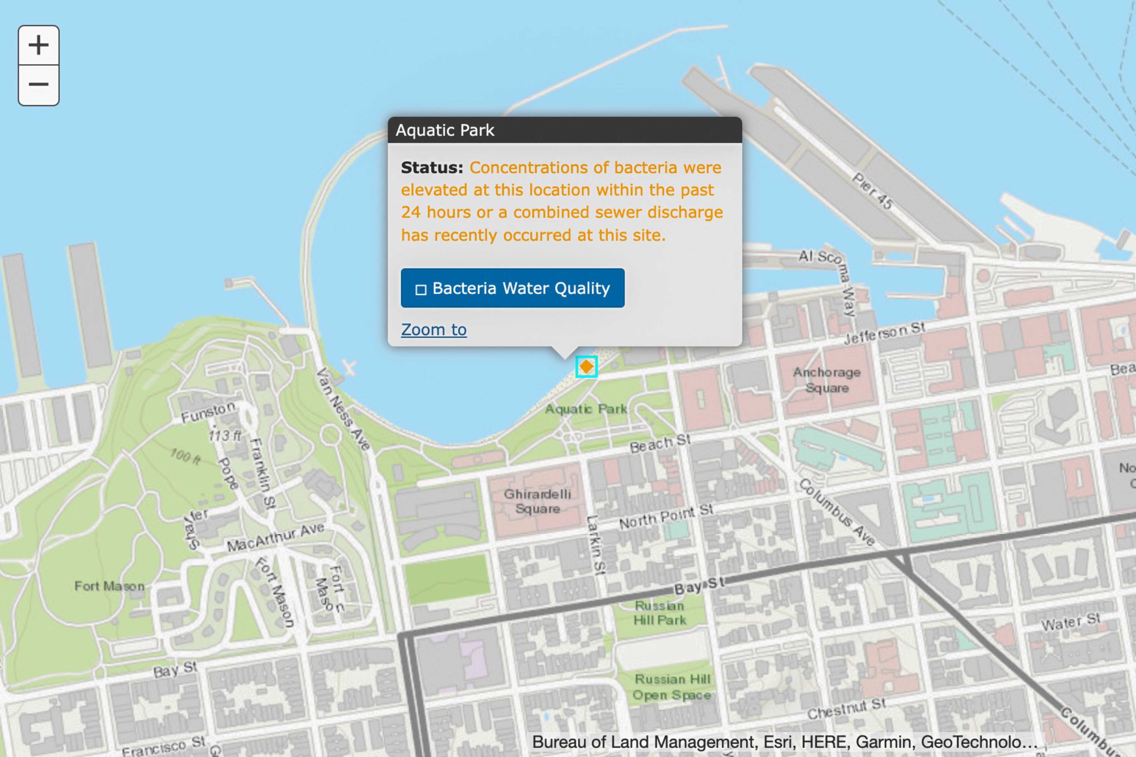 Aquatic Park in San Francisco shows a water quality alert for elevated bacteria concentrations or recent sewer discharge.