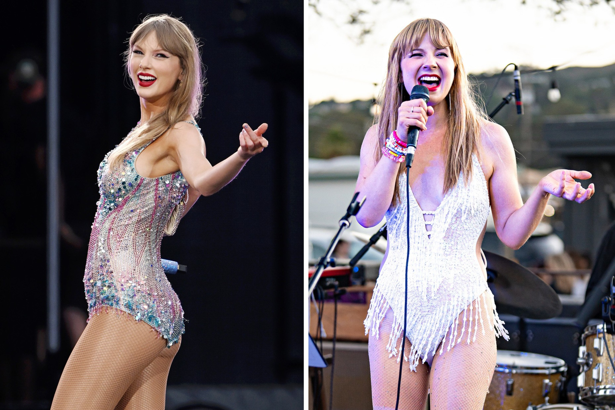 One woman is performing in a sparkling bodysuit with silver boots, the other in a white fringed outfit with white boots, singing into a microphone.