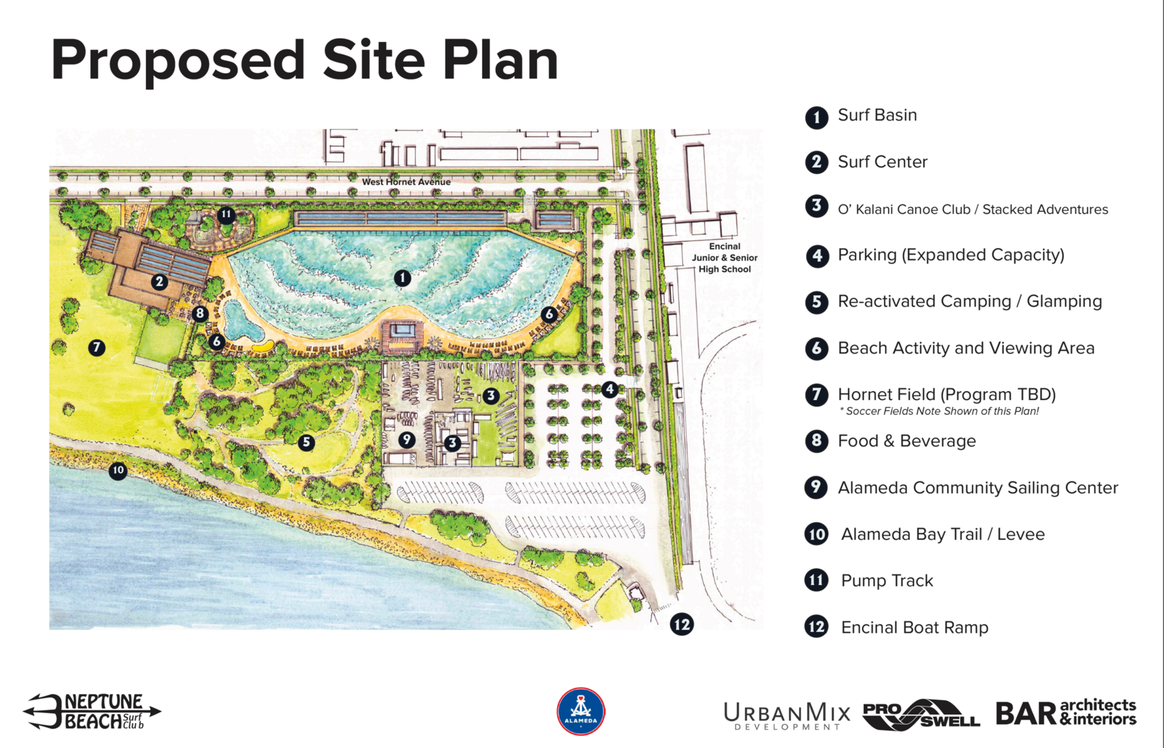 The image shows a proposed site plan with labeled areas including a surf basin, surf center, parking, camping, food, and various recreational facilities.