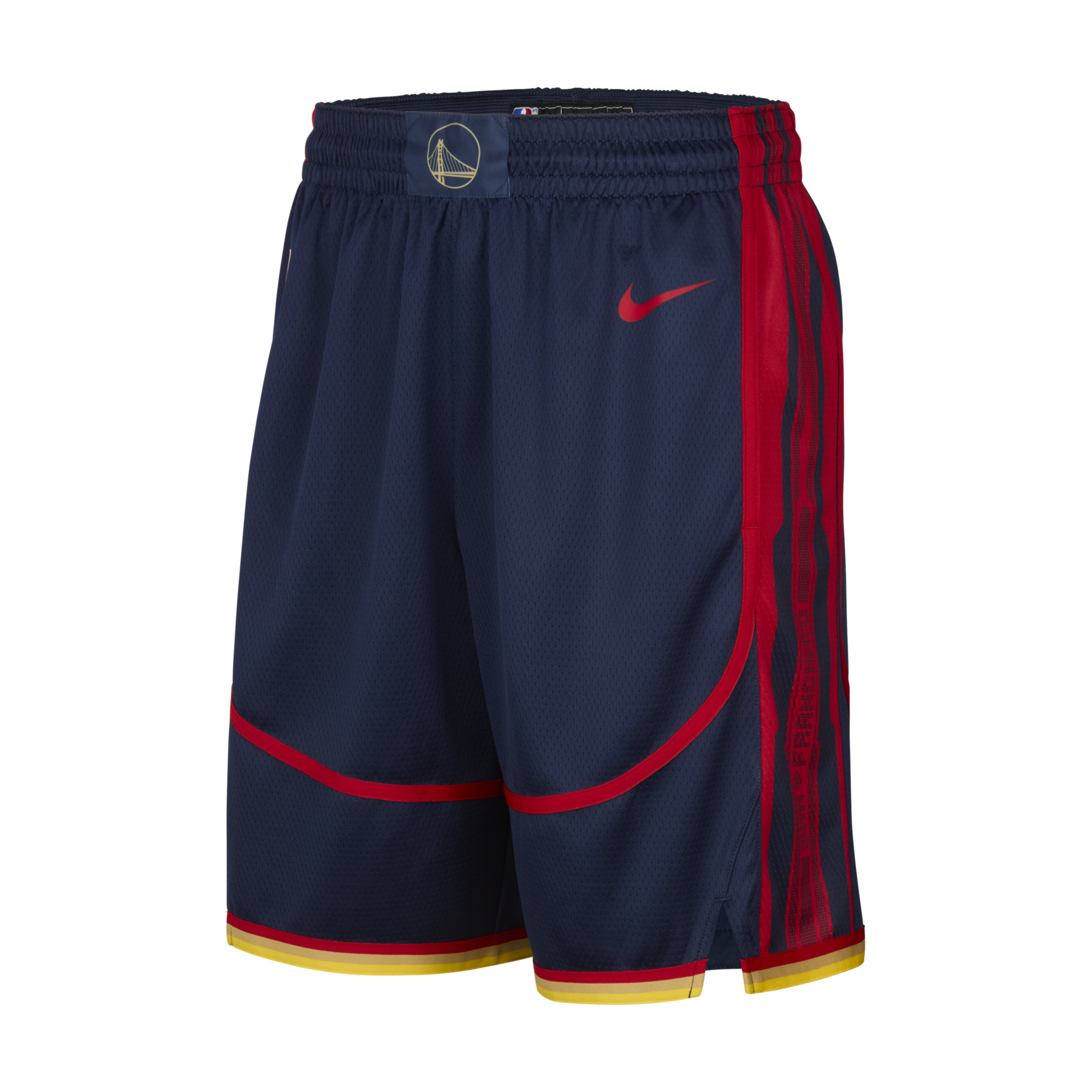 The image shows a pair of dark blue athletic shorts with red side stripes and accents. They feature a sports logo at the waistband and a small red Nike swoosh.