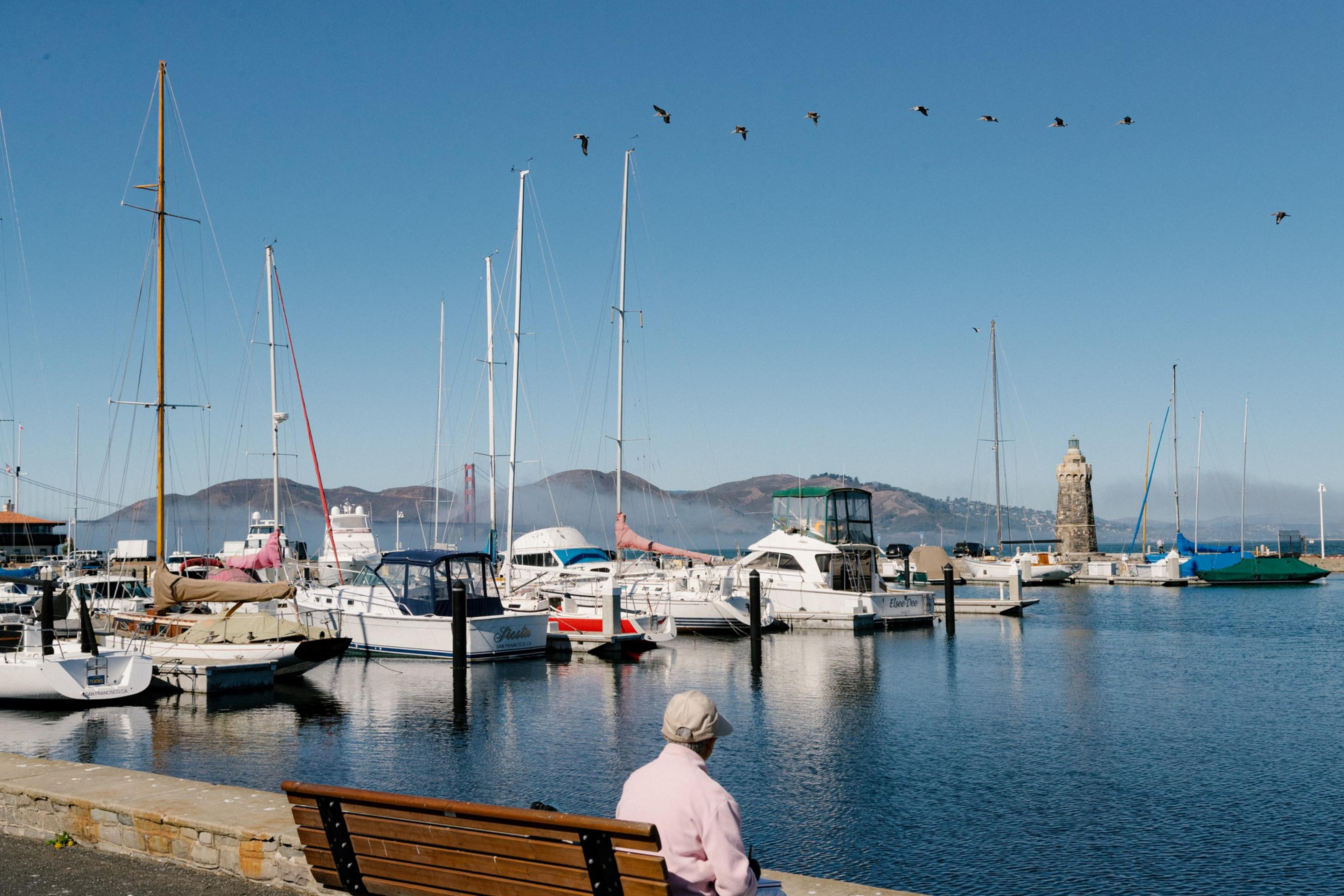 A person looks out at boats floating on the water.