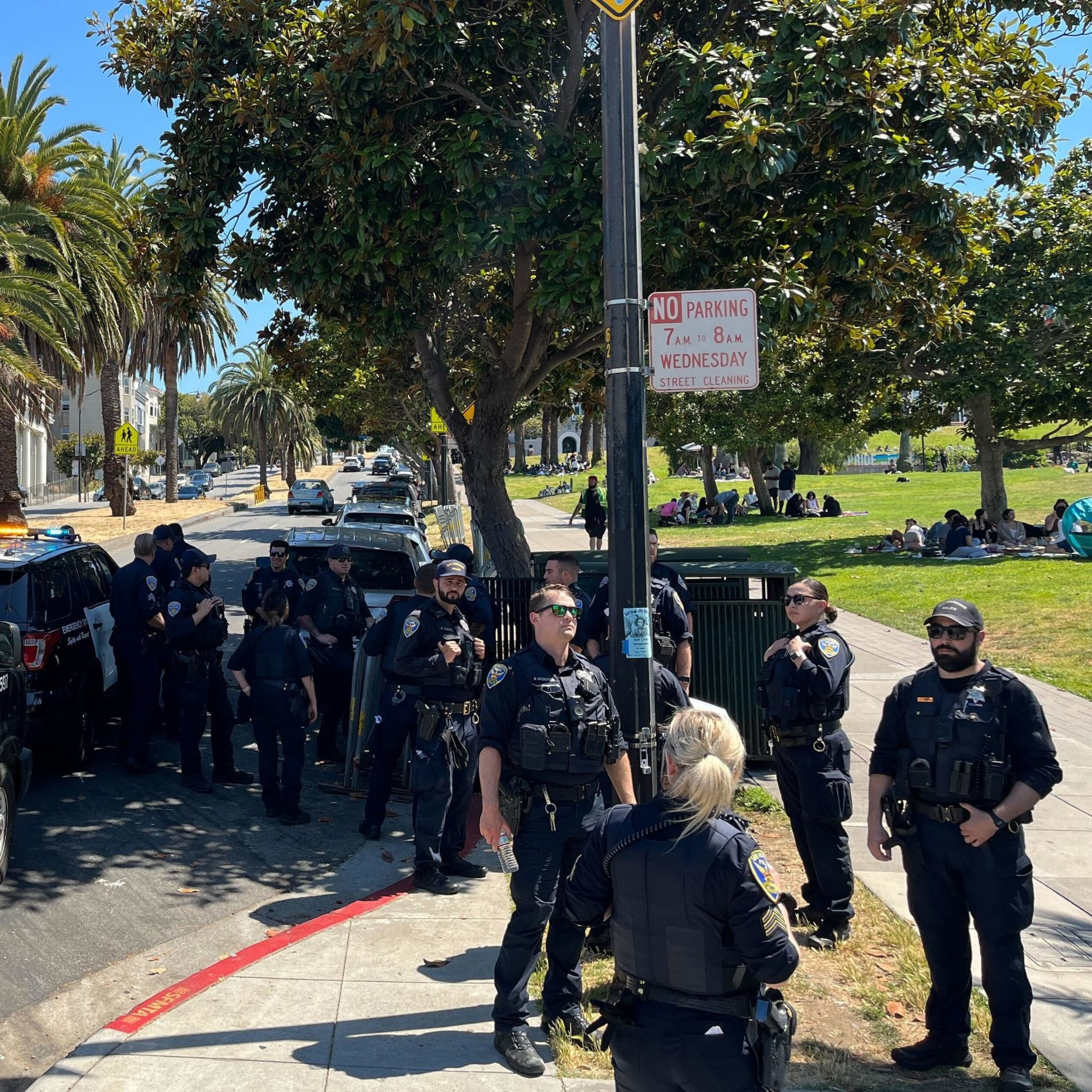 A group of police officers stand on a sidewalk beside police vehicles, near a park with people sitting on grass. Palm trees and buildings are visible in the background.