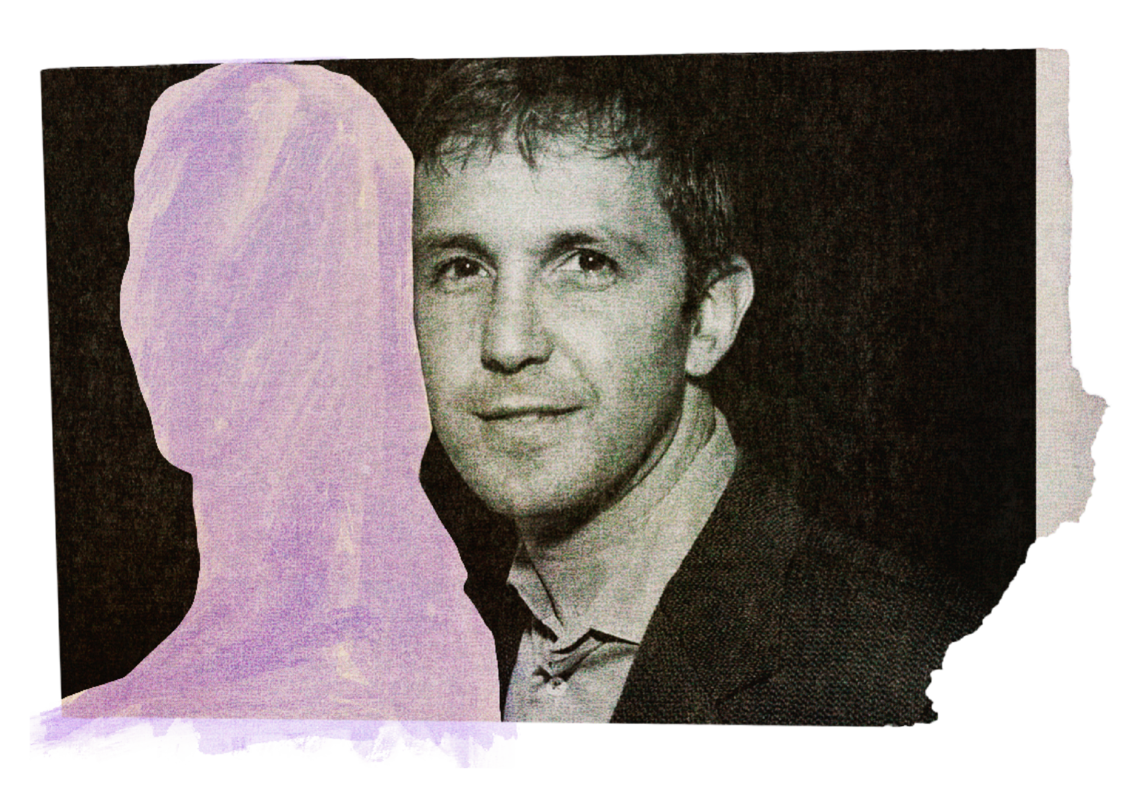A black-and-white photo of a man in a suit is partially covered by a painted purple silhouette obscuring the left side of the image.