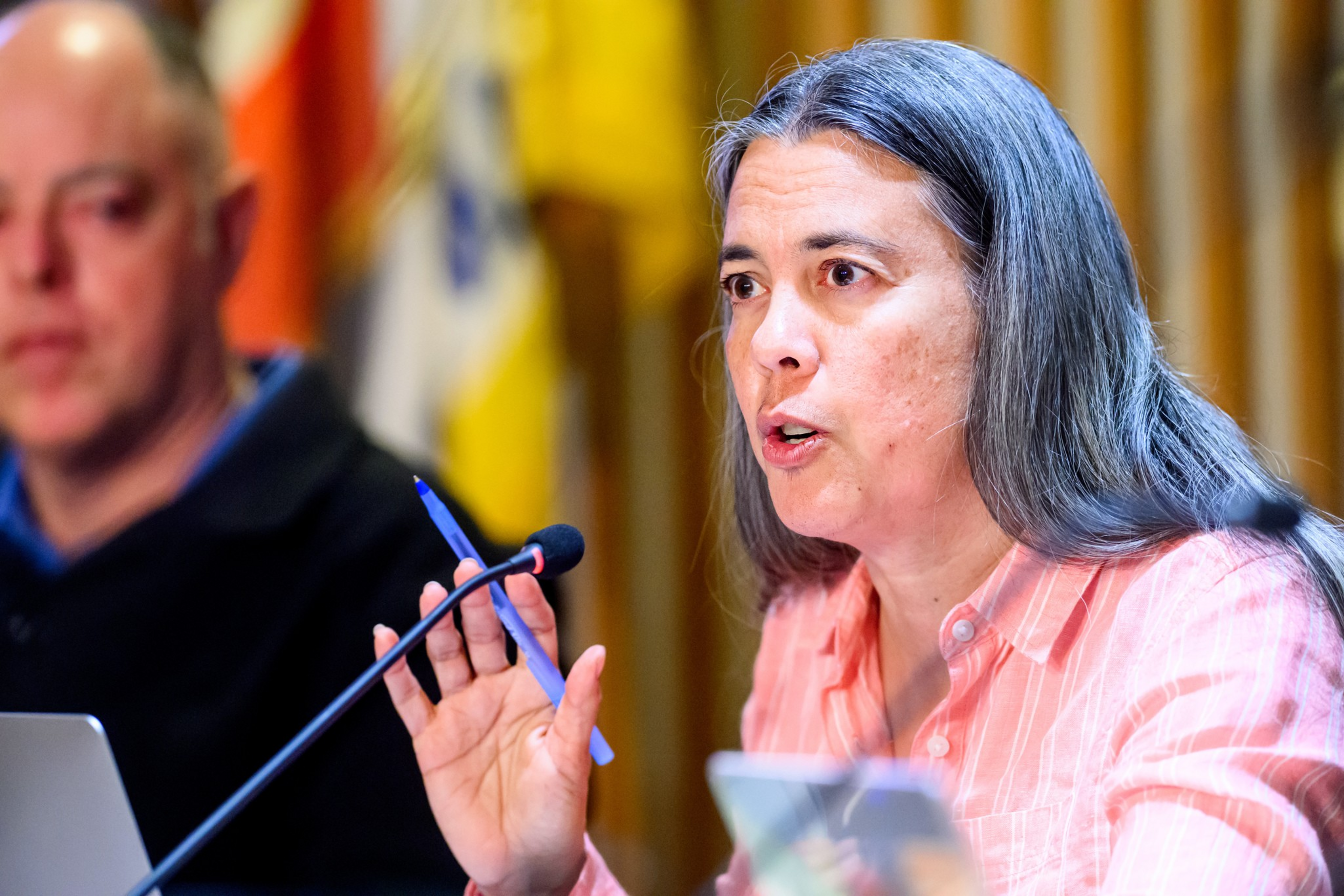 A woman with long gray hair in a pink striped shirt speaks while ...