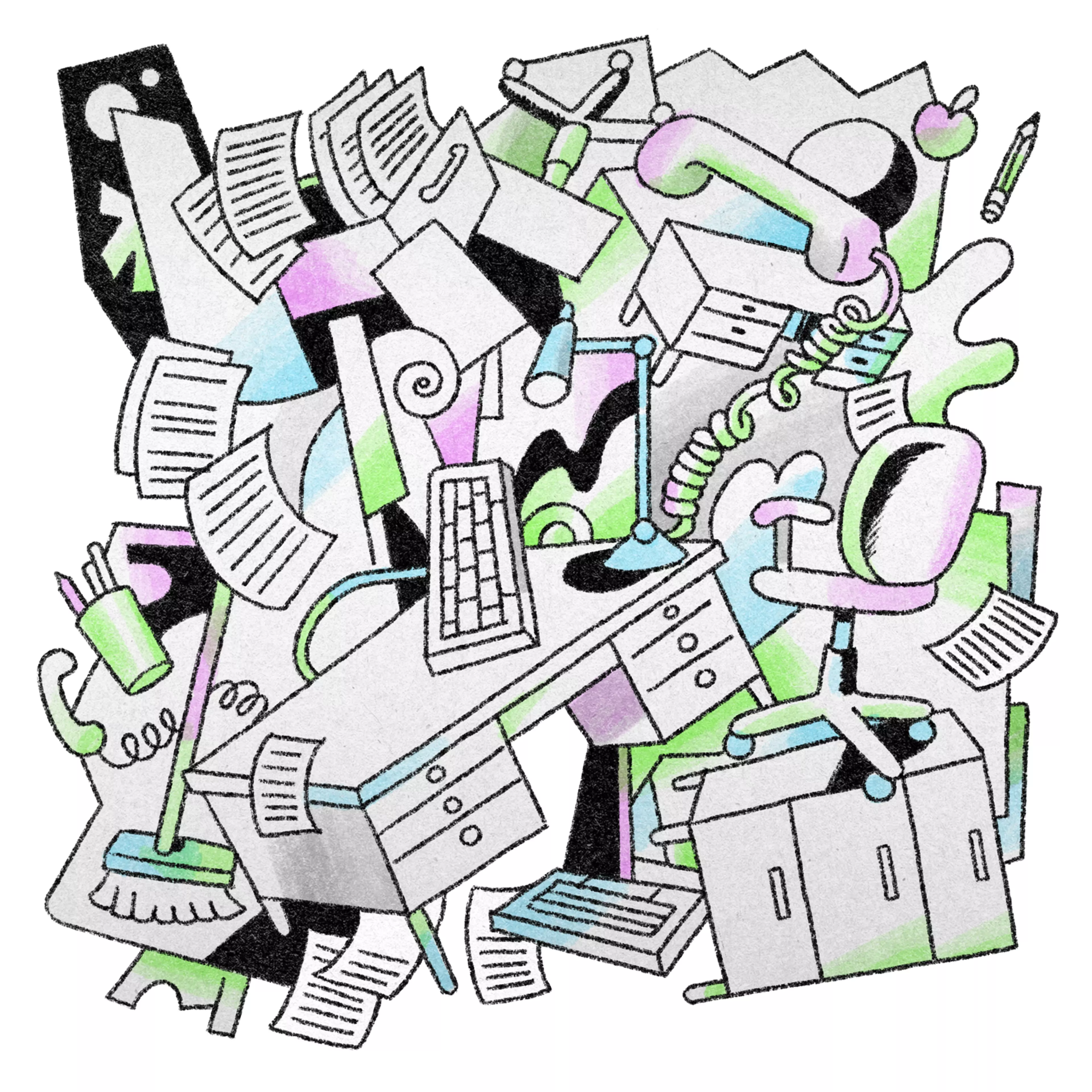 The image is a chaotic office scene with scattered papers, a desk, chair, keyboard, telephone, and various office supplies in pastel colors, creating a cluttered atmosphere.