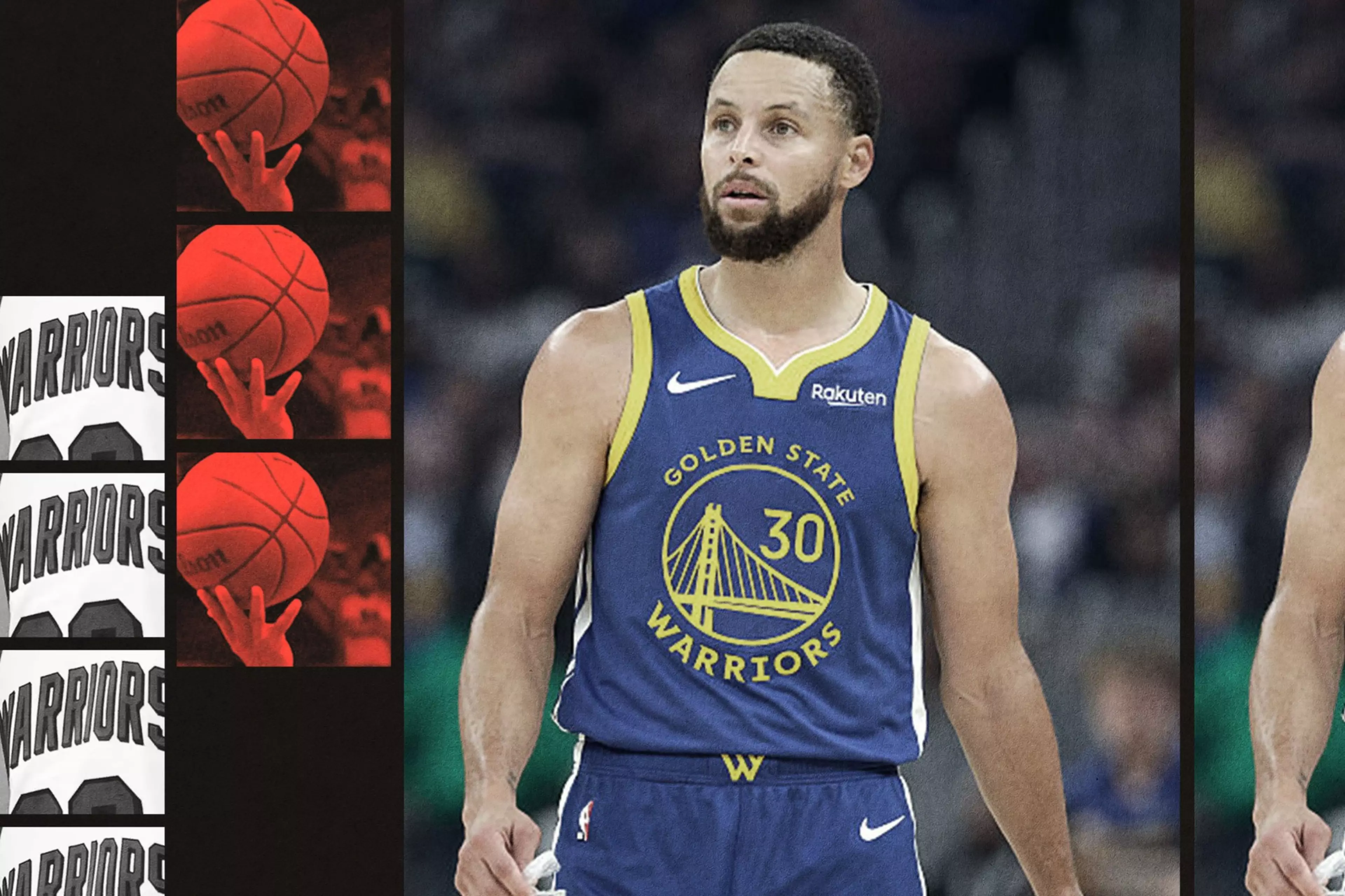 A basketball player in a Golden State Warriors blue jersey with number 30 stands focused on the court, next to a vertical collage of basketball shots and "Warriors" text.