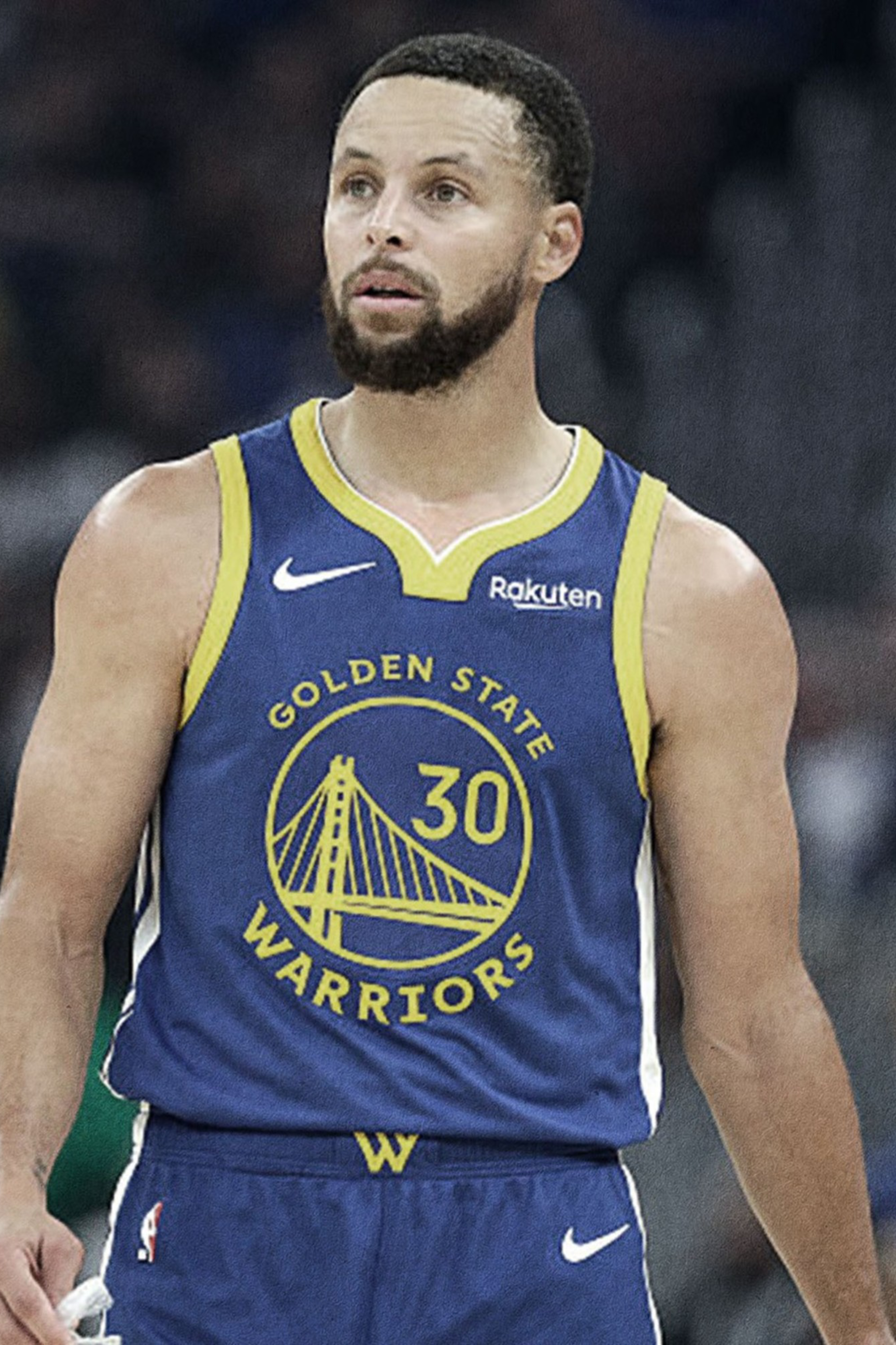 A basketball player in a Golden State Warriors blue jersey with number 30 stands focused on the court, next to a vertical collage of basketball shots and "Warriors" text.