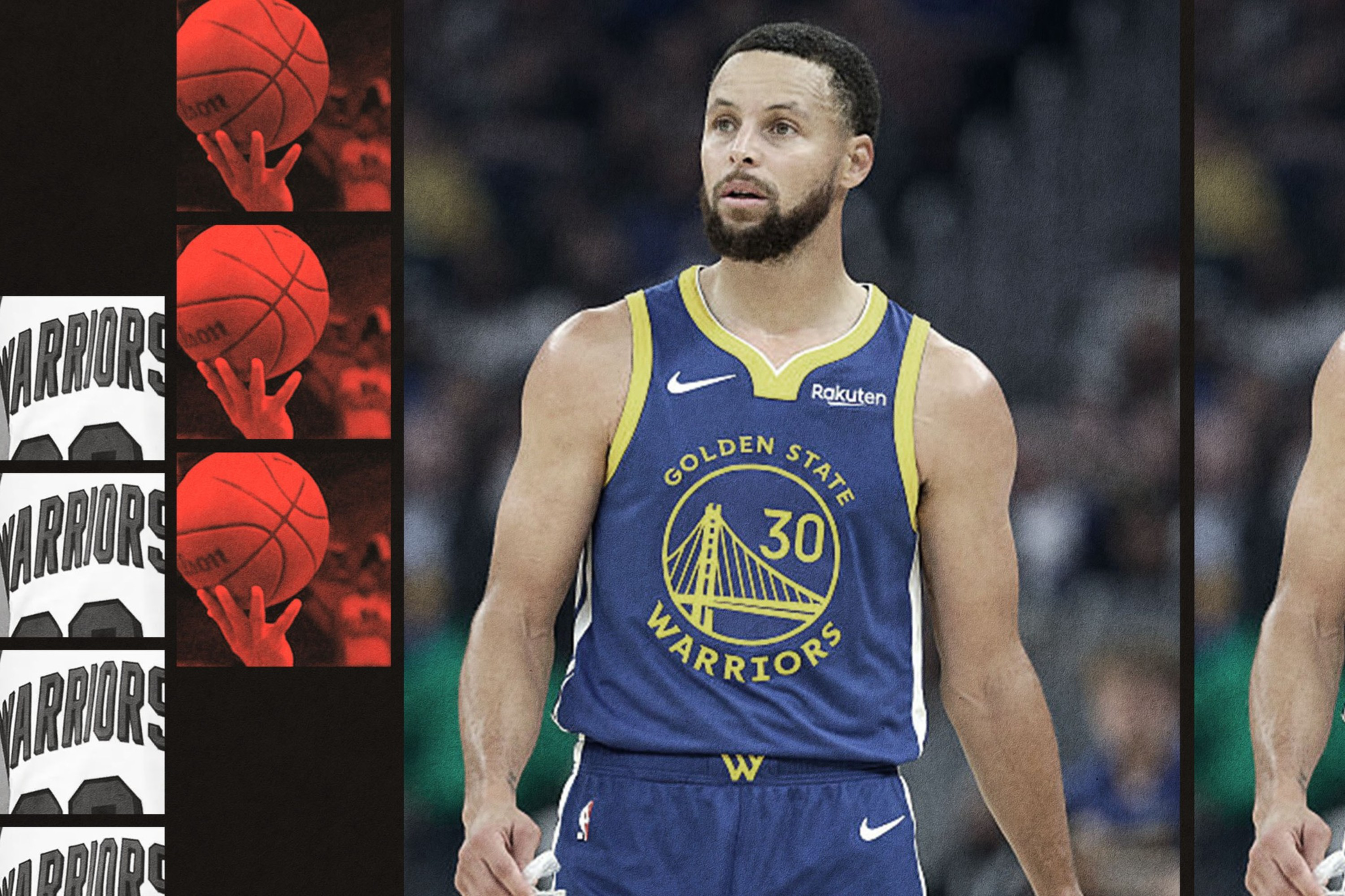 A basketball player in a Golden State Warriors blue jersey with number 30 stands focused on the court, next to a vertical collage of basketball shots and "Warriors" text.