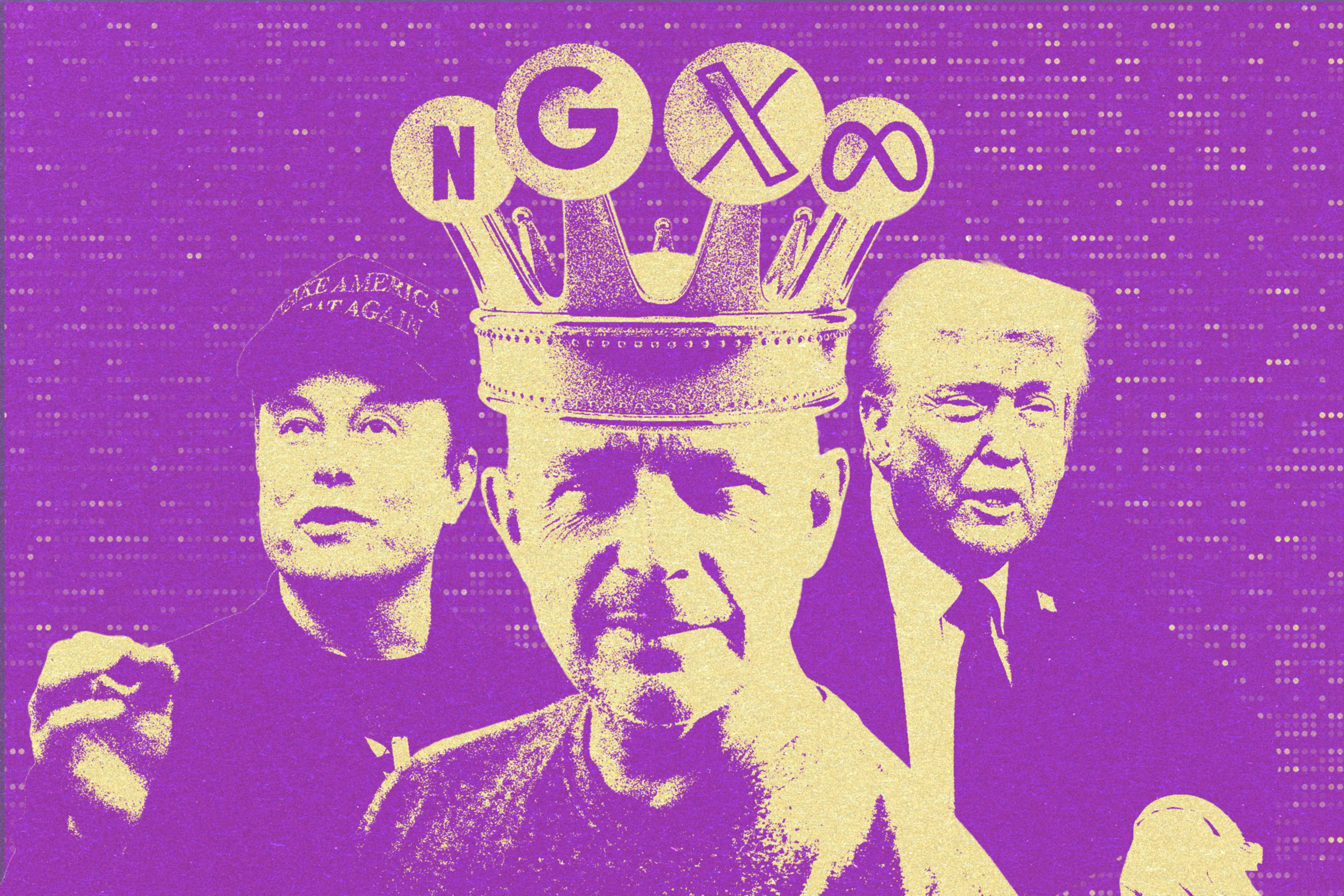 A man in a crown with logos from tech companies Netflix, Google, X and Meta is flanked by two men.