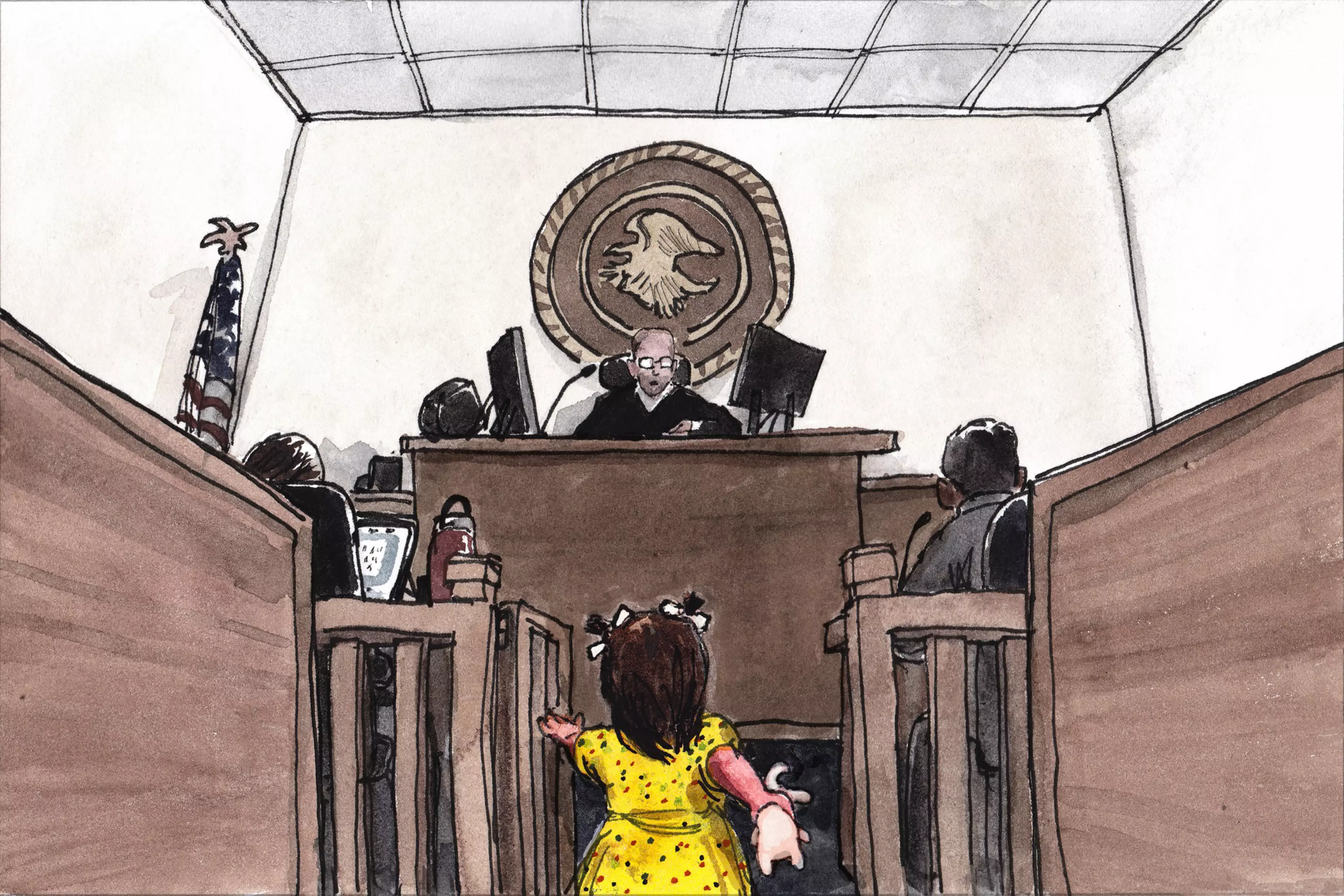 A young girl in a yellow dress runs down a courtroom aisle toward a judge seated behind a bench, with an American flag and court staff nearby.