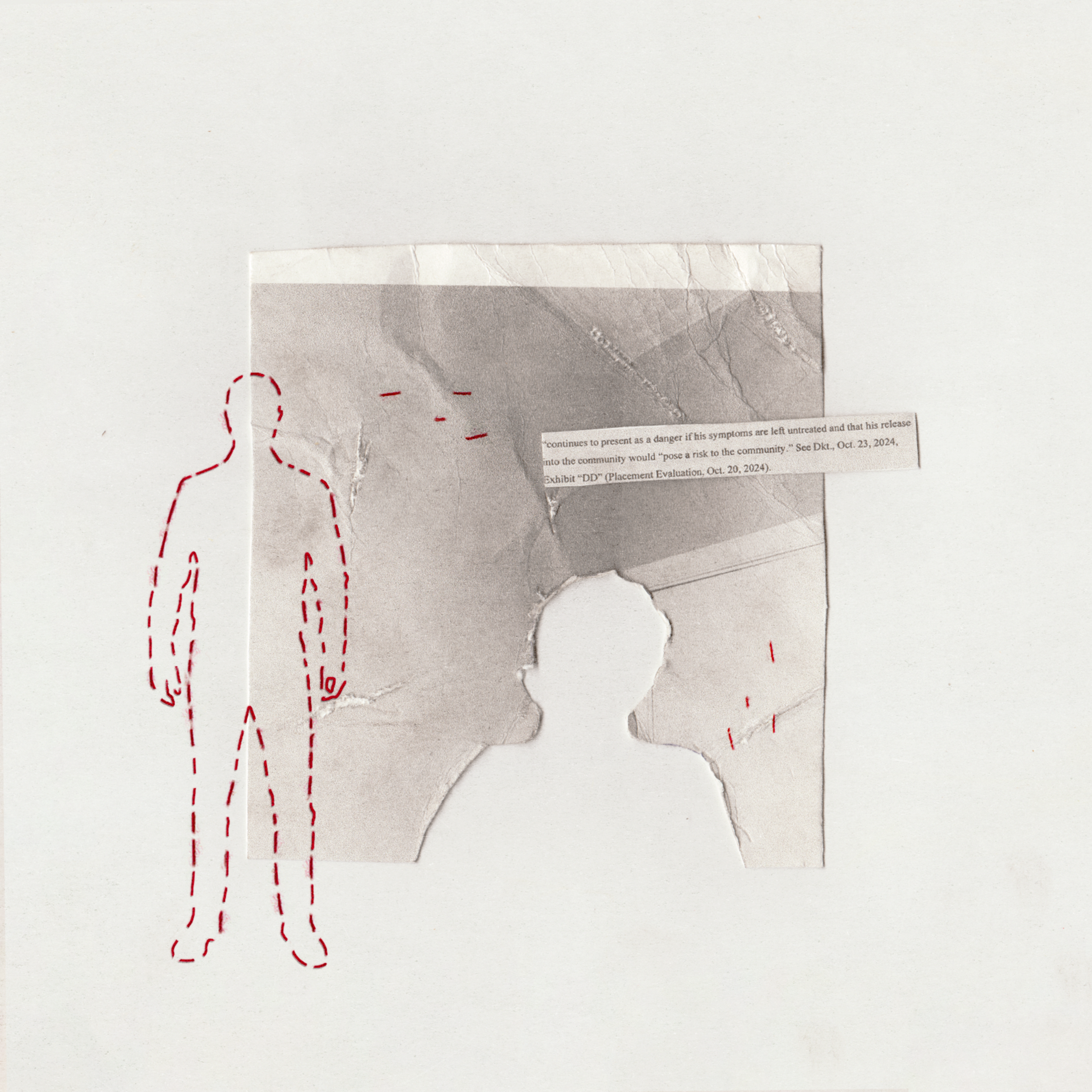 A torn grayscale photo features a silhouette cutout of a person and a red dashed outline of a full-body figure, with small text fragments attached.