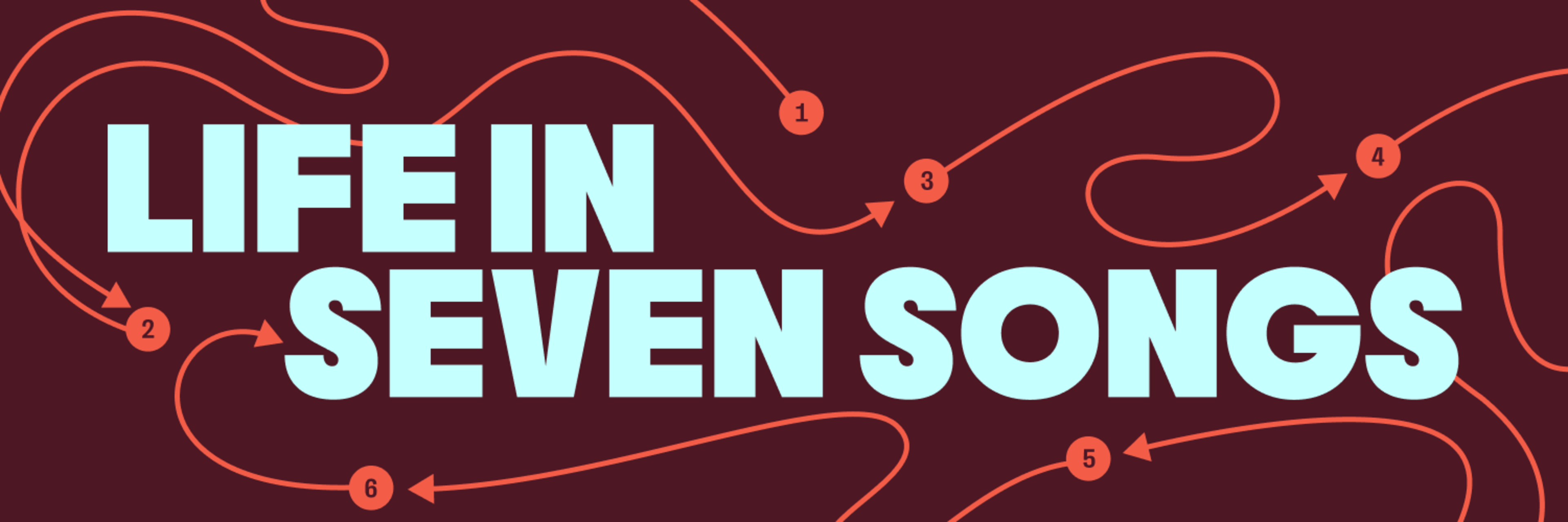 Bold light blue text reads "LIFE IN SEVEN SONGS" on a dark red background with winding red arrows numbered one to six scattered around.