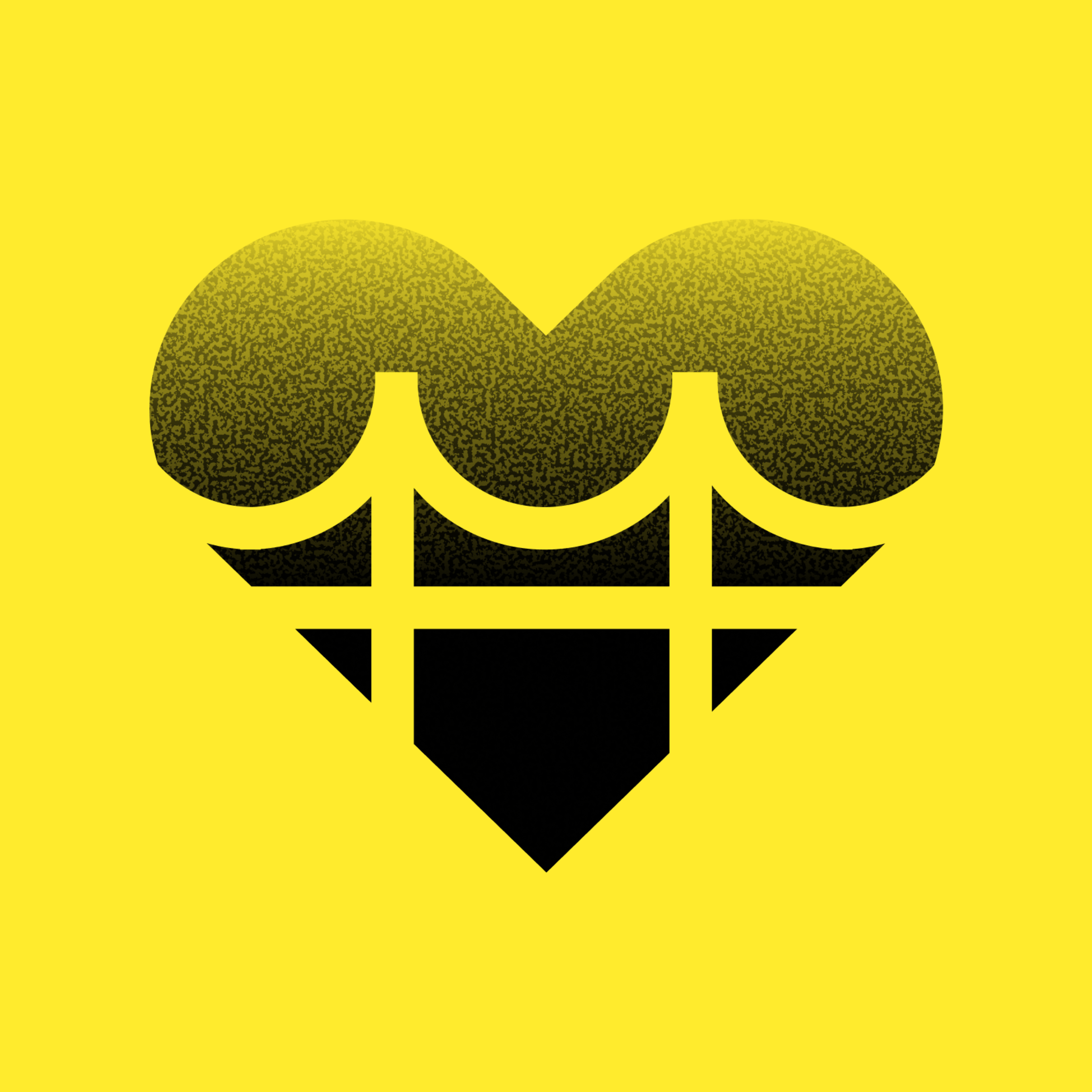 A stylized black heart shape combines bridge-like arches and supporting pillars on a bright yellow background.